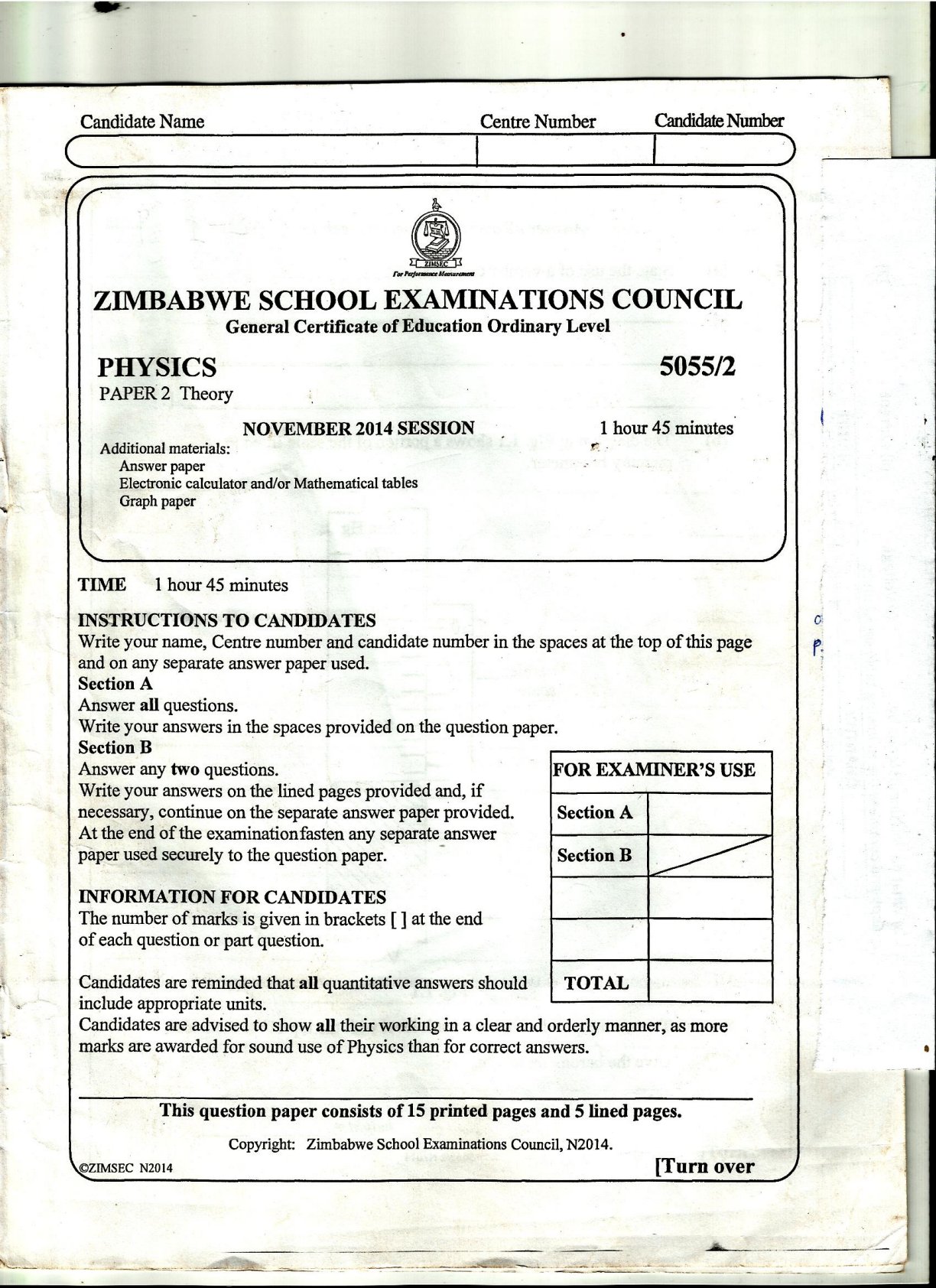 First page of ZIMSEC O-Level Physics Paper 2 November 2014 Question Paper