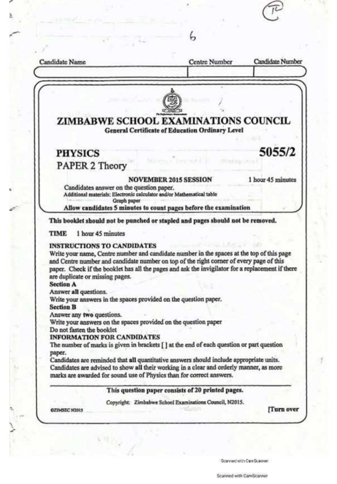 First page of ZIMSEC O-Level Physics Paper 2 November 2015 Question Paper