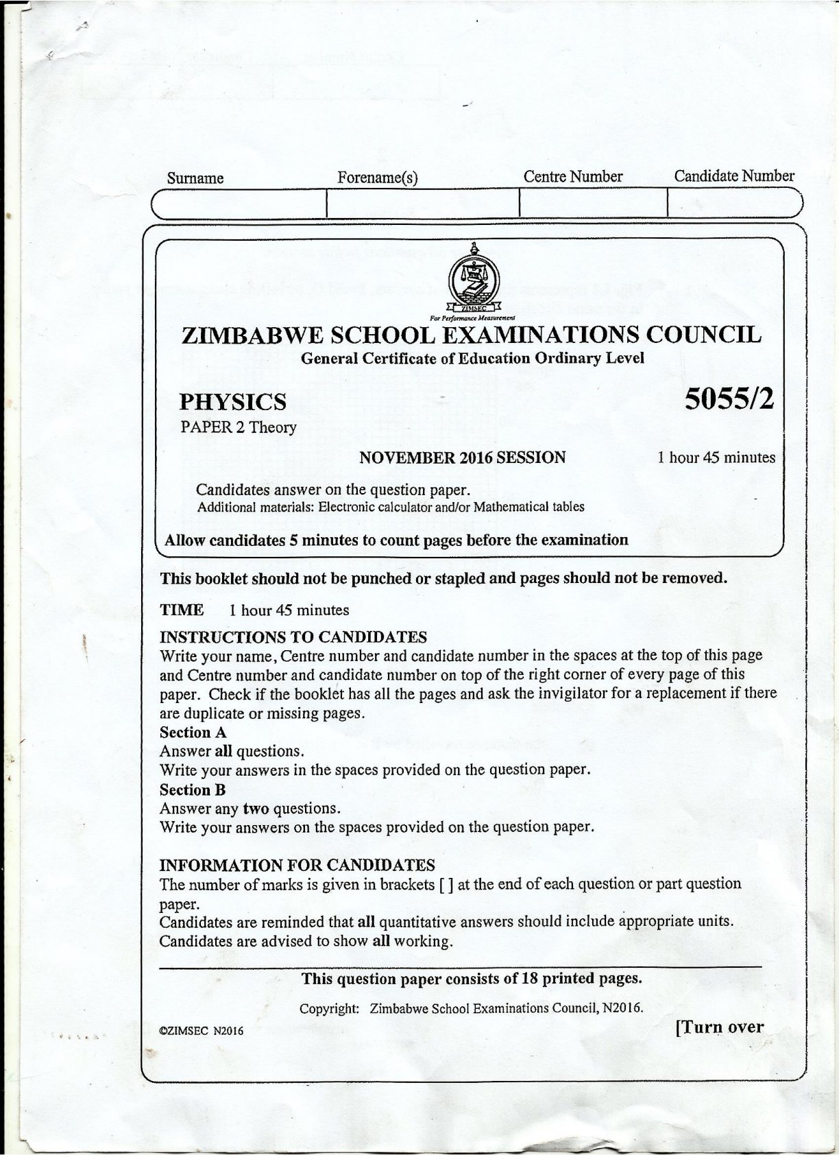 First page of ZIMSEC O-Level Physics Paper 2 November 2016 Question Paper