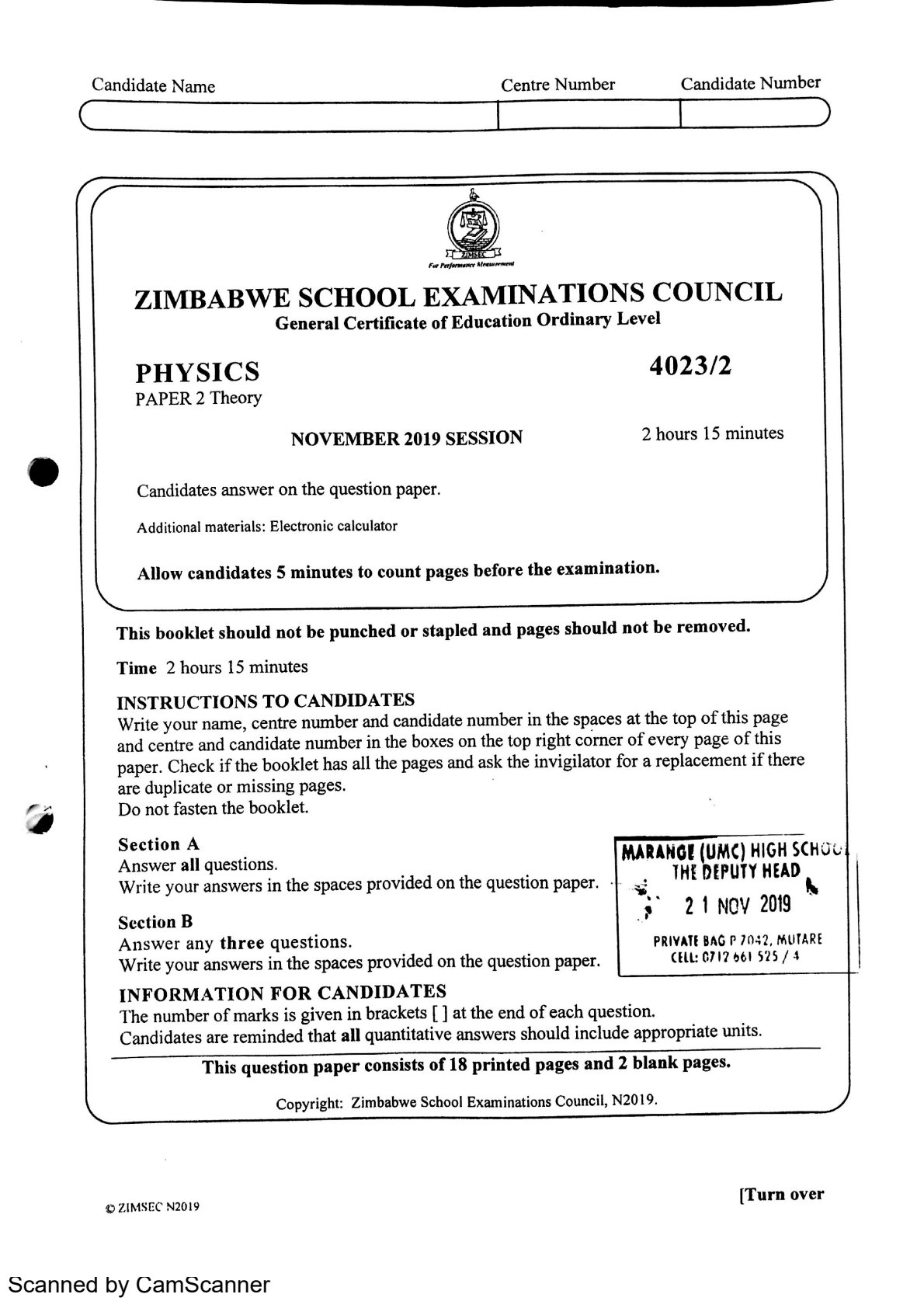 First page of ZIMSEC O-Level Physics Paper 2 November 2019 Question Paper