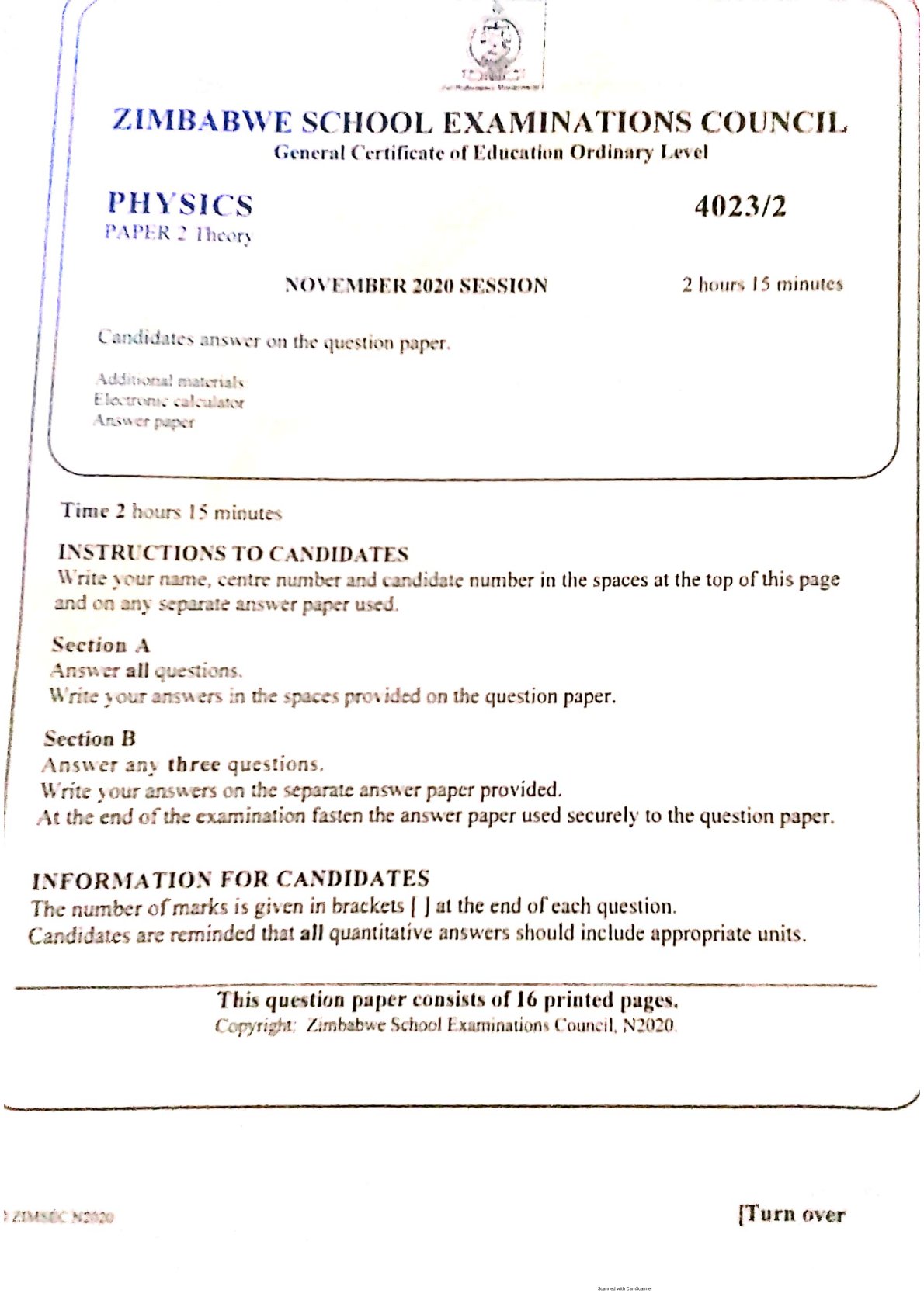 First page of ZIMSEC O-Level Physics Paper 2 November 2020 Question Paper