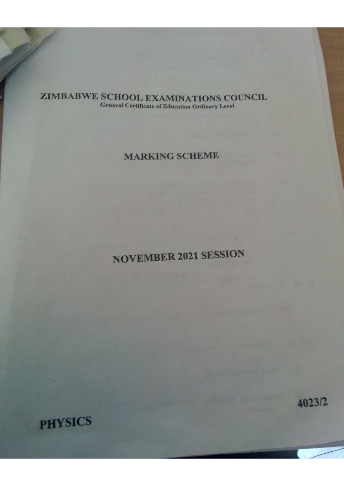 First page of ZIMSEC O-Level Physics Paper 2 November 2021 Marking Scheme