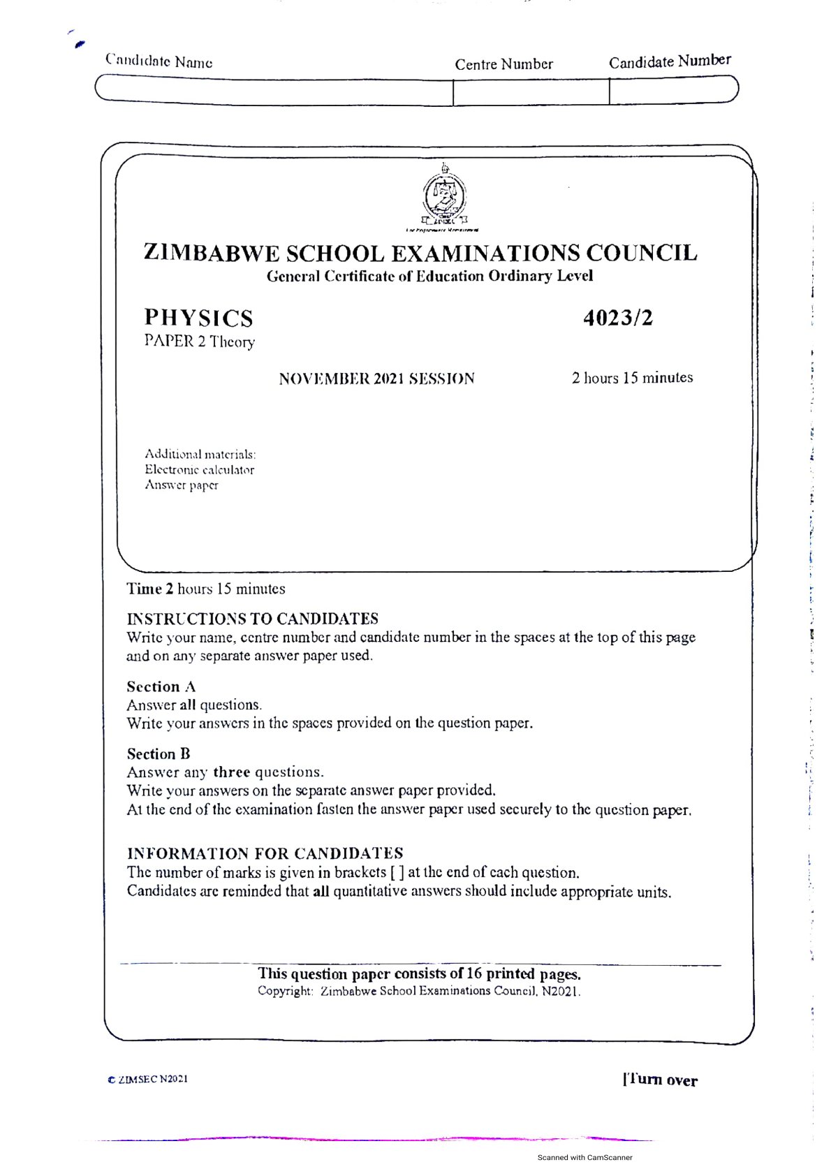 First page of ZIMSEC O-Level Physics Paper 2 November 2021 Question Paper