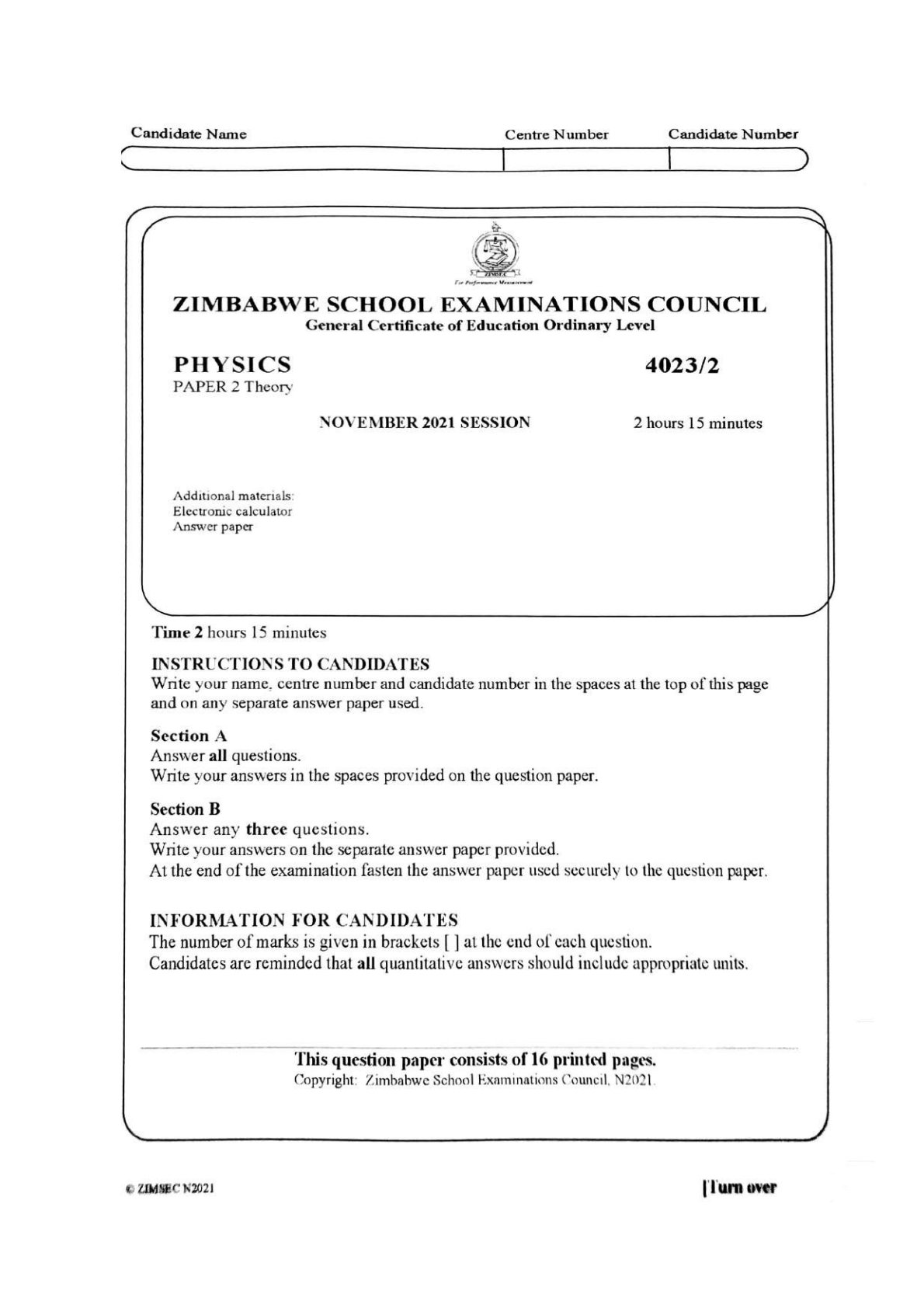 First page of ZIMSEC O-Level Physics Paper 2 November 2021 Question Paper