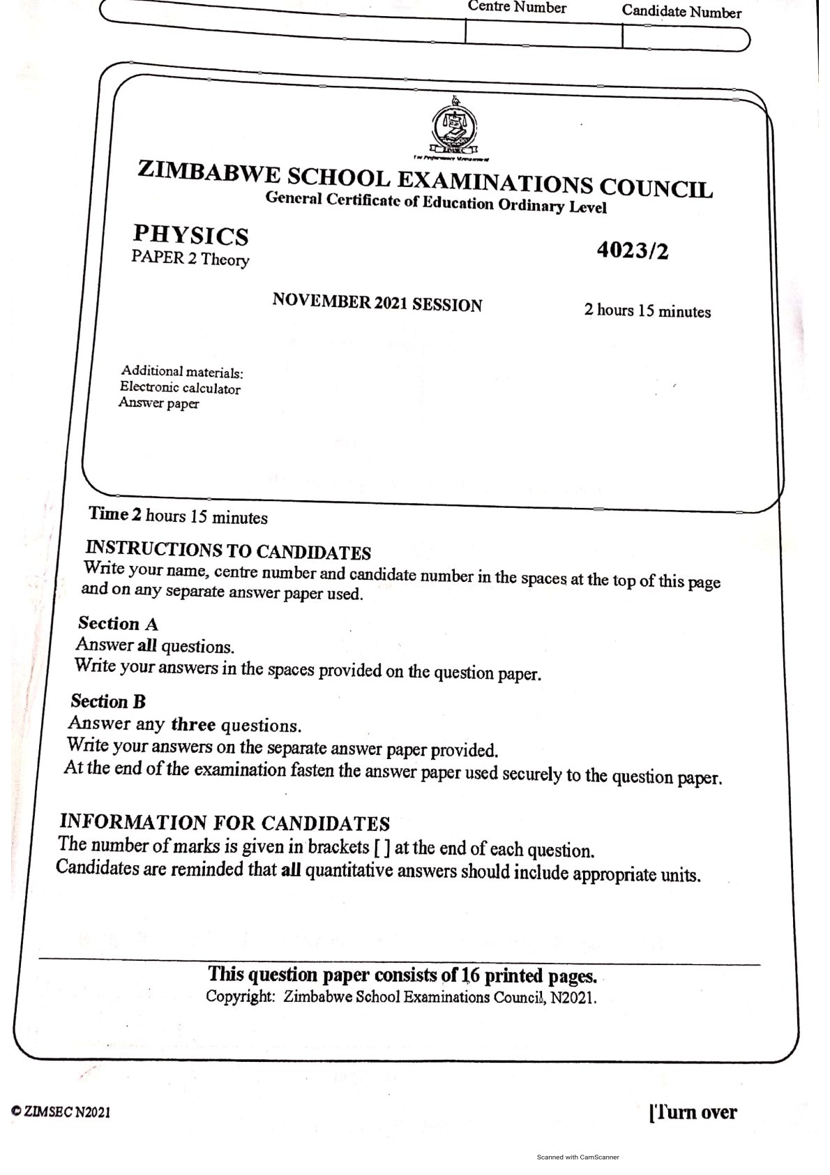First page of ZIMSEC O-Level Physics Paper 2 November 2021 Question Paper