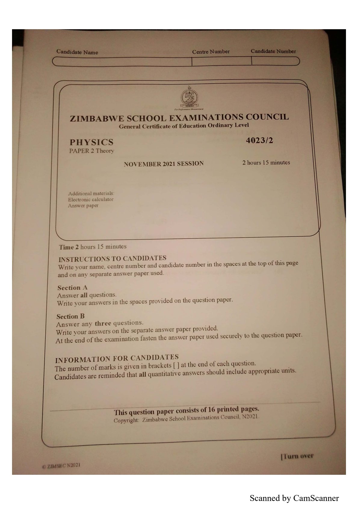 First page of ZIMSEC O-Level Physics Paper 2 November 2021 Question Paper