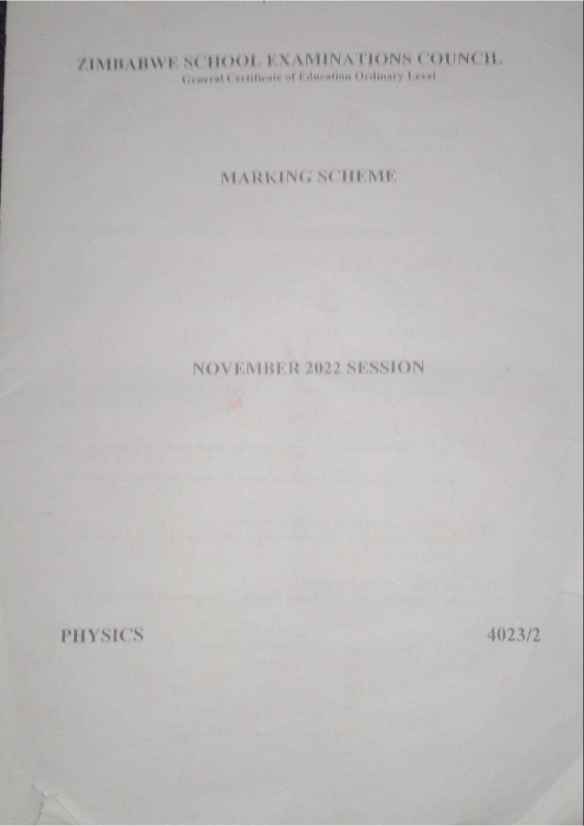 First page of ZIMSEC O-Level Physics Paper 2 November 2022 Marking Scheme