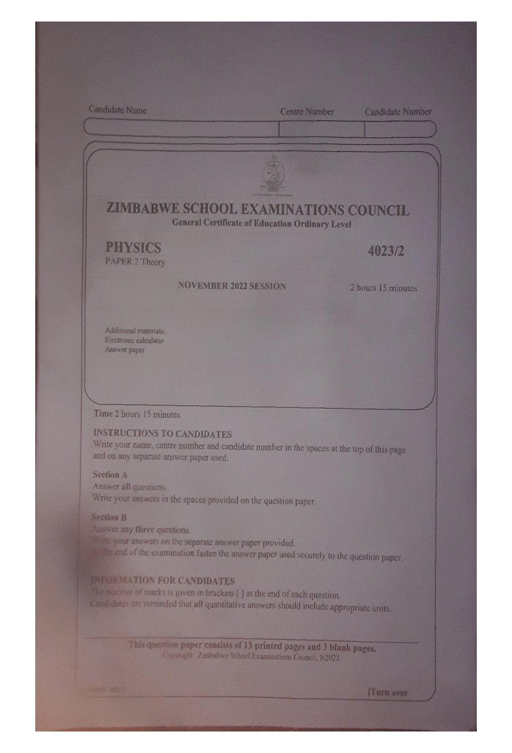 First page of ZIMSEC O-Level Physics Paper 2 November 2022 Question Paper