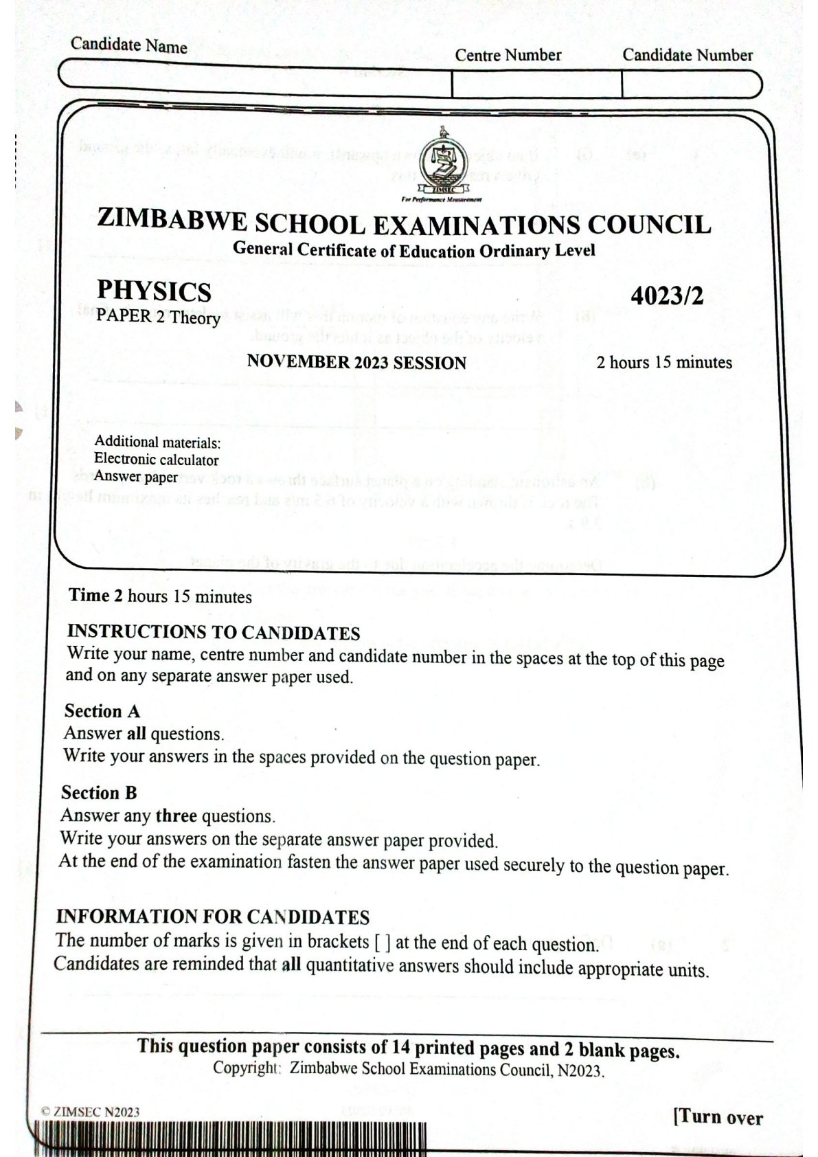 First page of ZIMSEC O-Level Physics Paper 2 November 2023 Question Paper