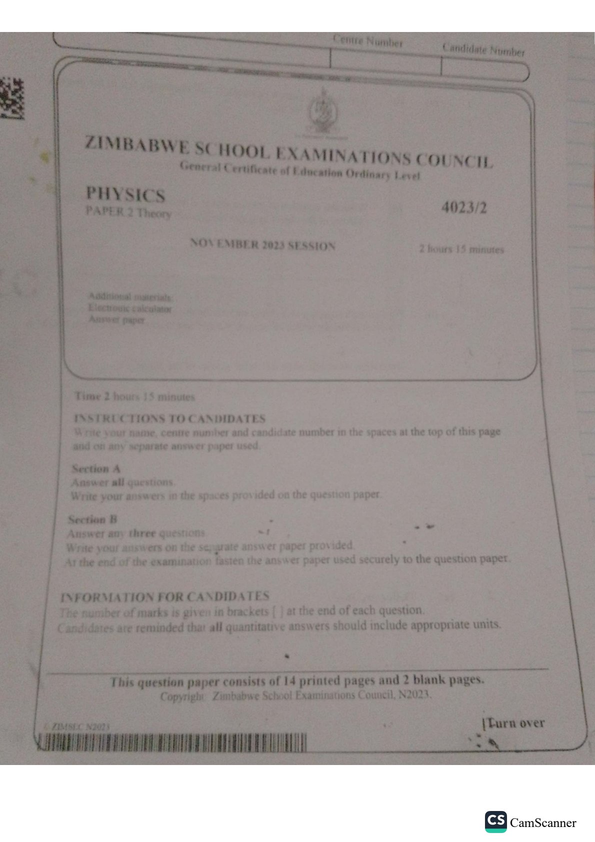 First page of ZIMSEC O-Level Physics Paper 2 November 2023 Question Paper