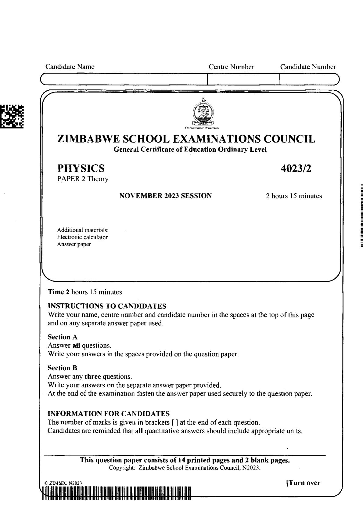 First page of ZIMSEC O-Level Physics Paper 2 November 2023 Question Paper
