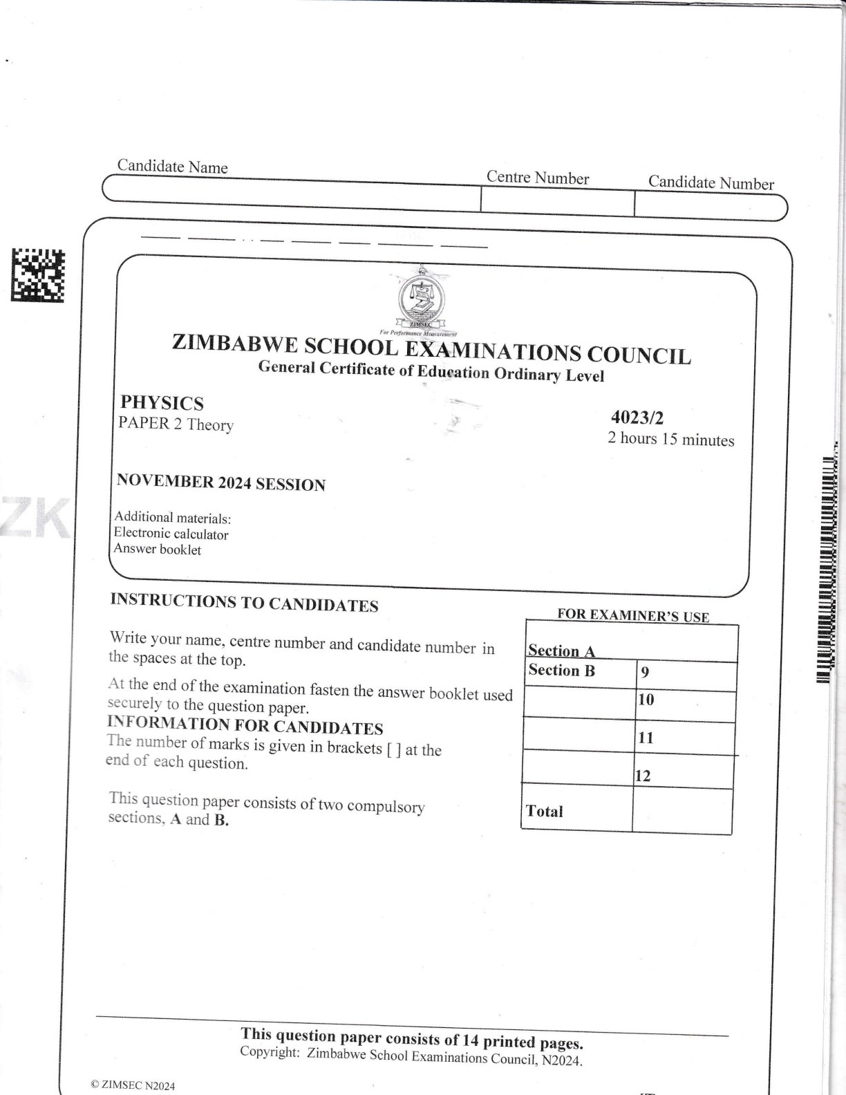 First page of ZIMSEC O-Level Physics Paper 2 November 2024 Question Paper
