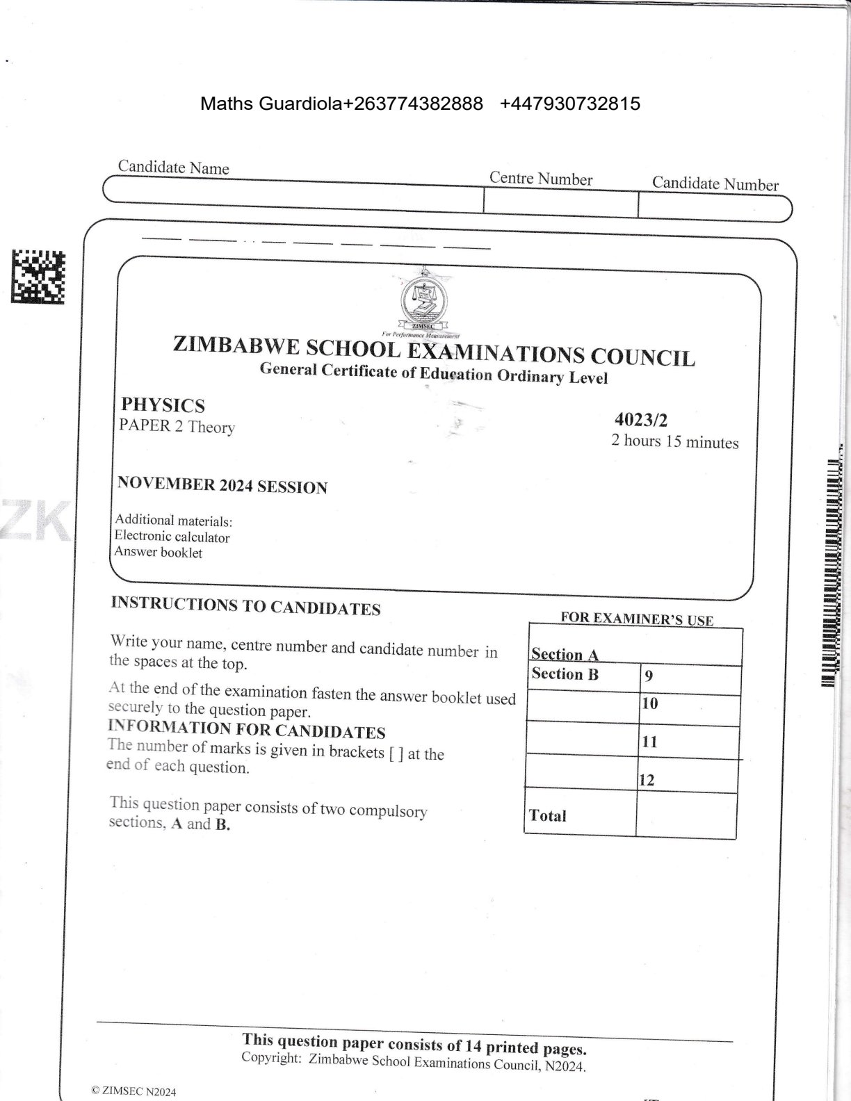 First page of ZIMSEC O-Level Physics Paper 2 November 2024 Question Paper