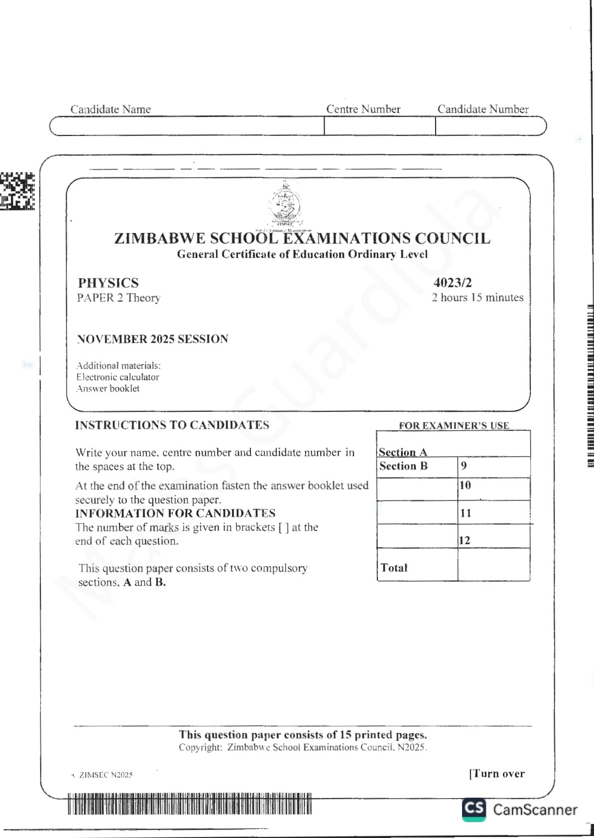 First page of ZIMSEC O-Level Physics Paper 2 November 2025 Question Paper