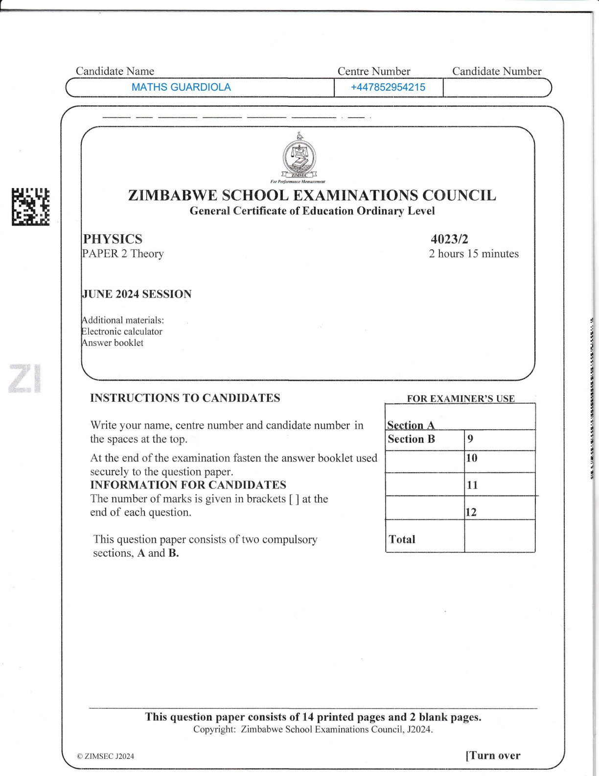 First page of ZIMSEC O-Level Physics Paper 2 Theory June 2024 Question Paper