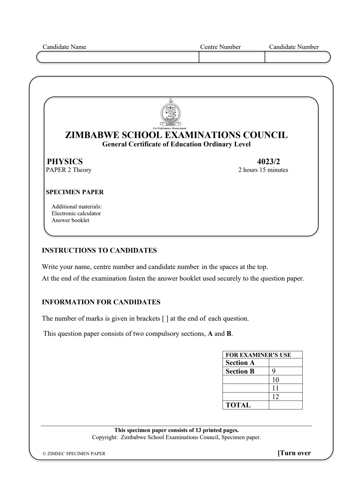 First page of ZIMSEC O-Level Physics Paper 2 Theory Question Paper