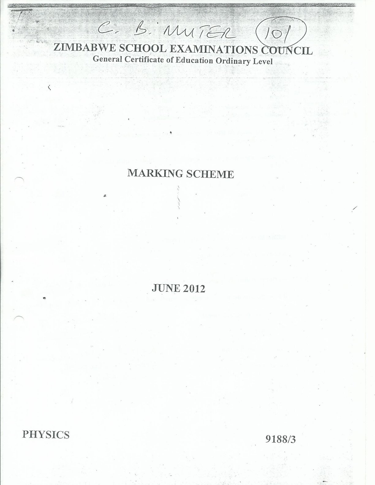 First page of ZIMSEC O-Level Physics Paper 3 June 2012 Marking Scheme