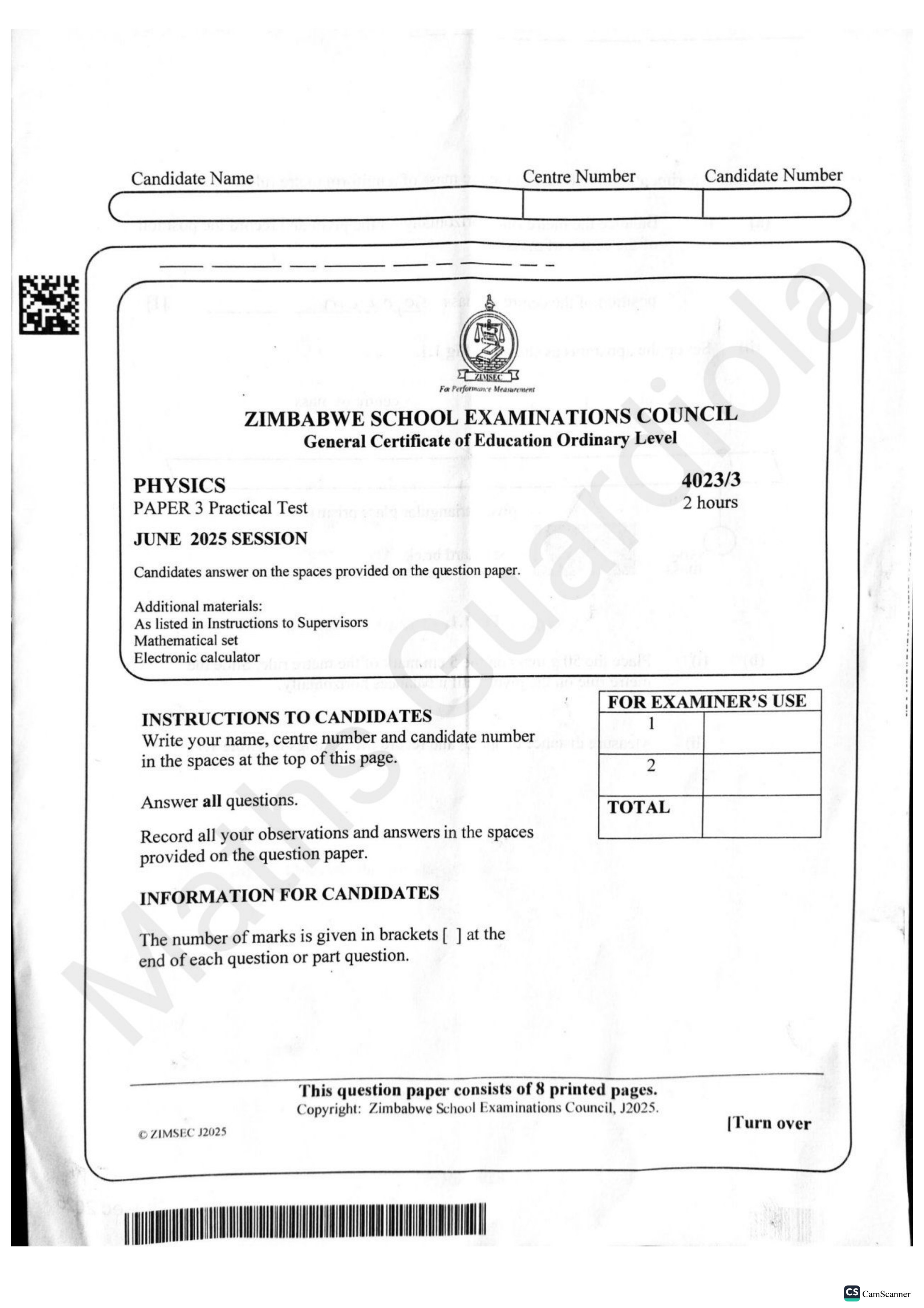 First page of ZIMSEC O-Level Physics Paper 3 June 2025 Question Paper