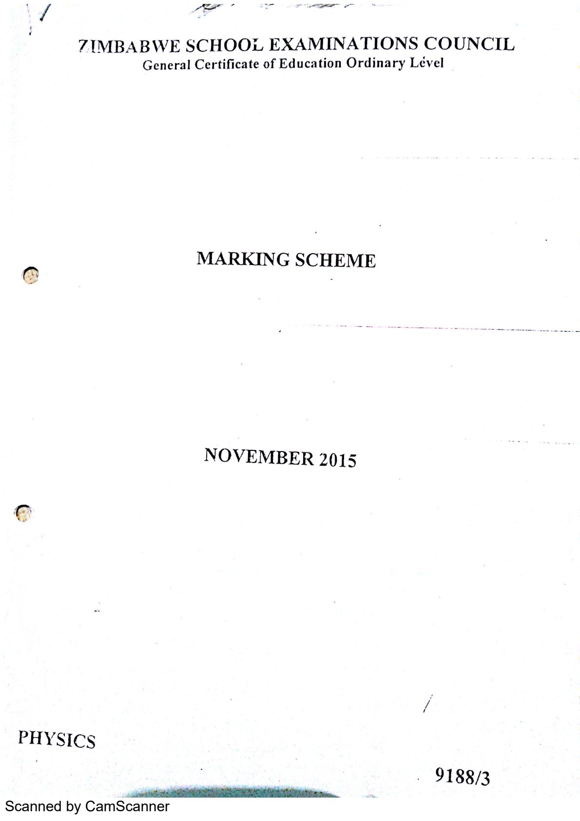 First page of ZIMSEC O-Level Physics Paper 3 November 2015 Marking Scheme