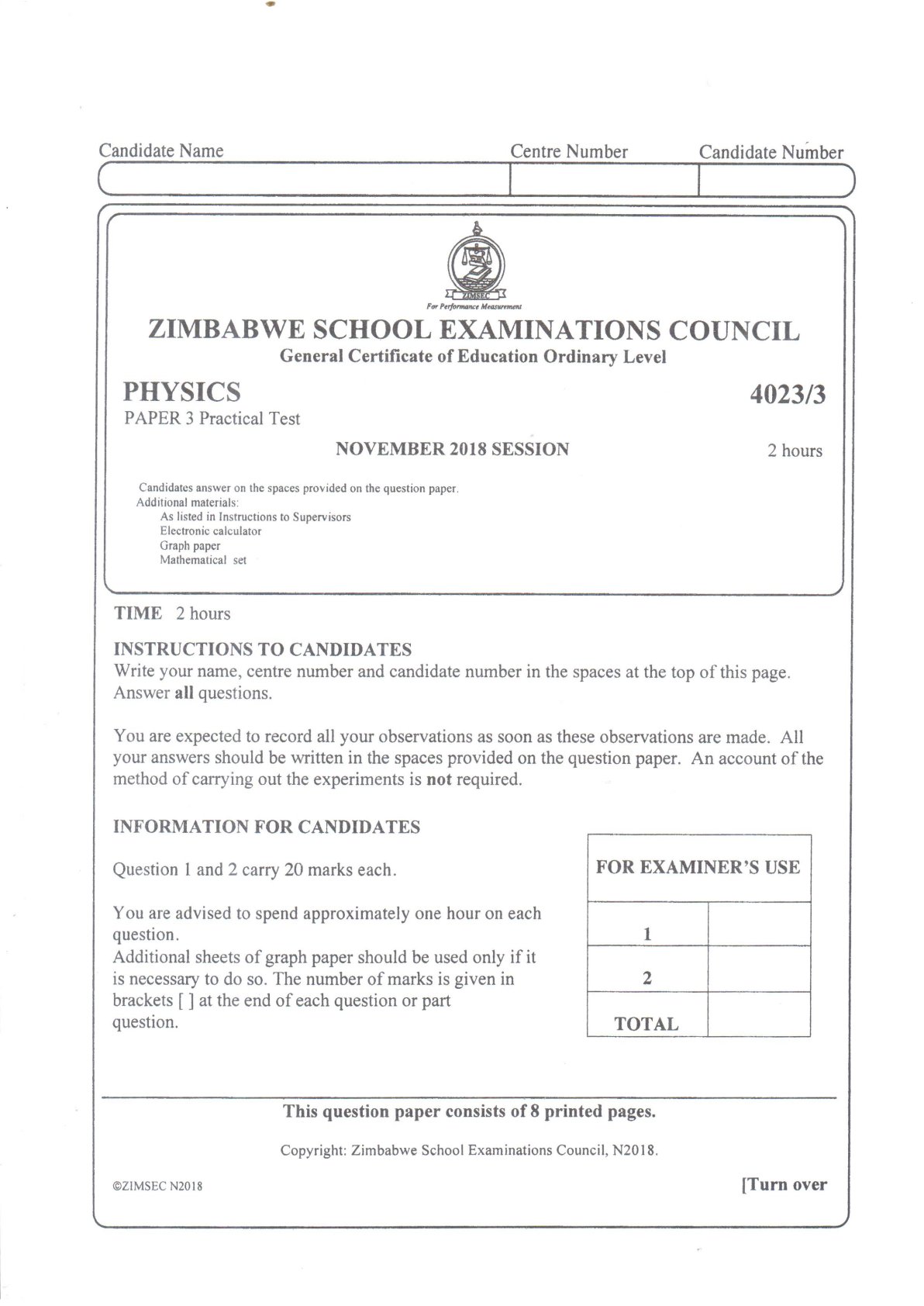 First page of ZIMSEC O-Level Physics Paper 3 November 2018 Question Paper