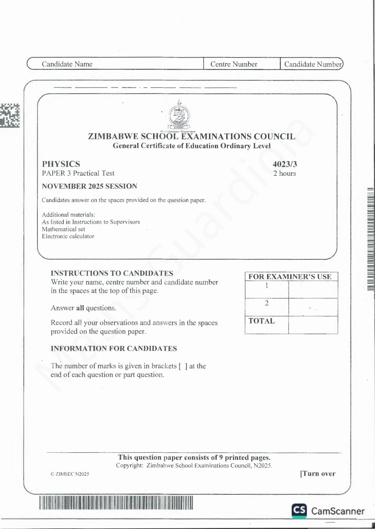 First page of ZIMSEC O-Level Physics Paper 3 November 2025 Question Paper
