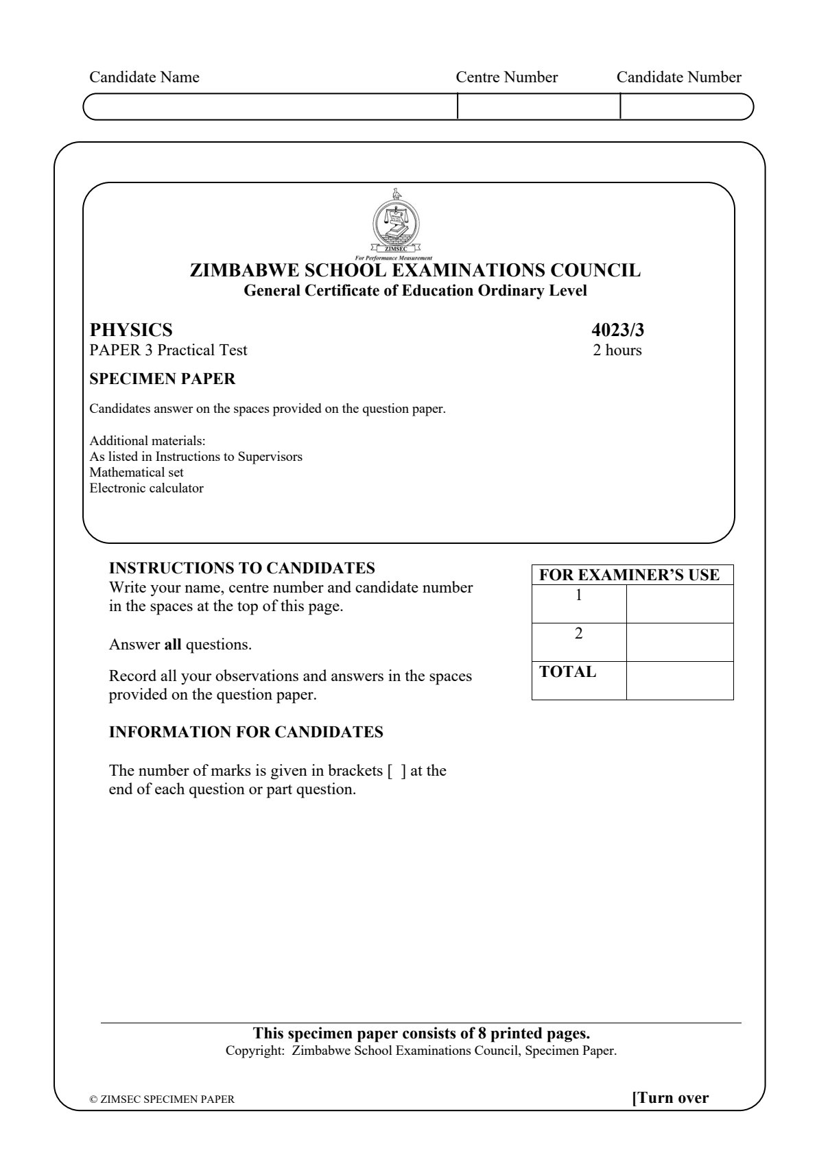 First page of ZIMSEC O-Level Physics Paper 3 Question Paper