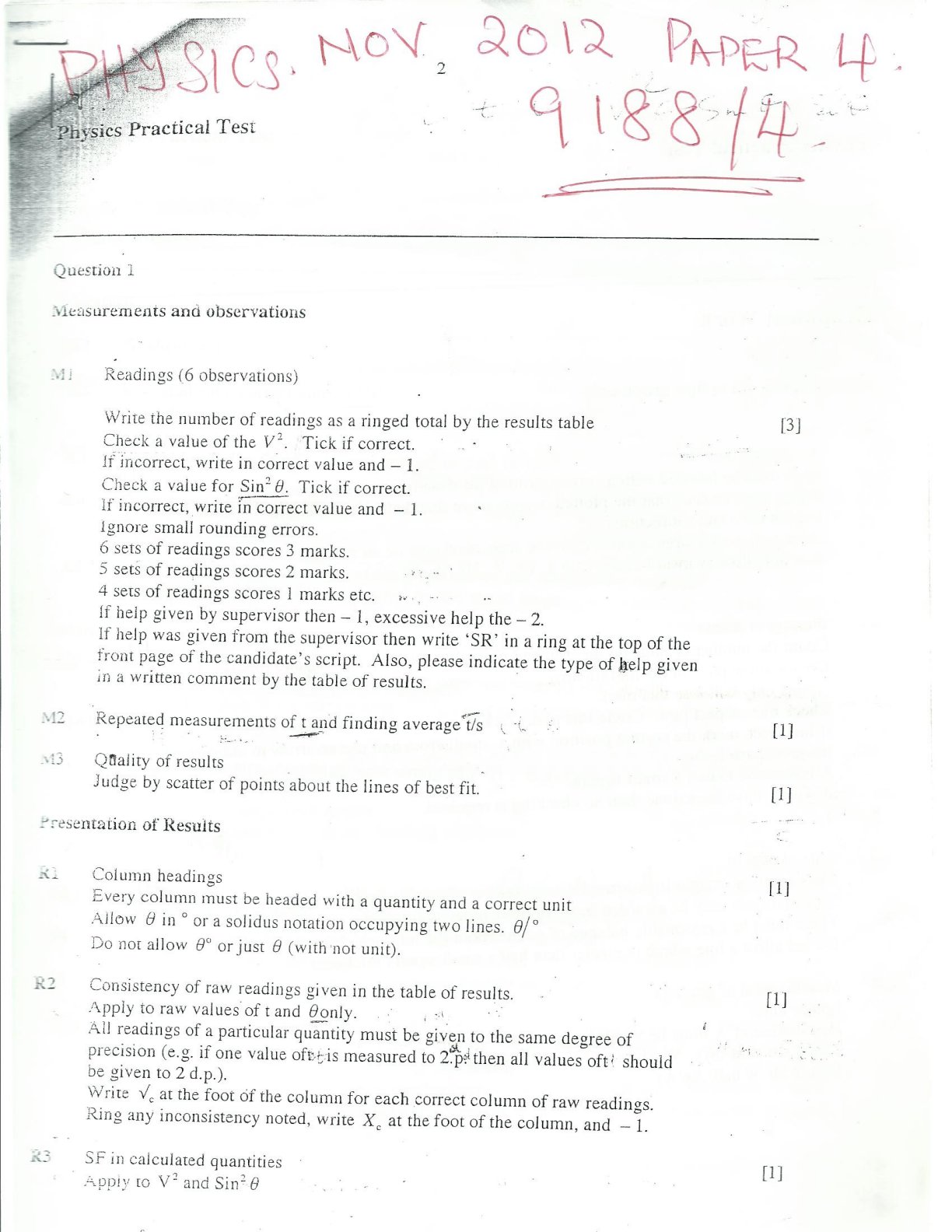 First page of ZIMSEC O-Level Physics Paper 4 November 2012 Marking Scheme