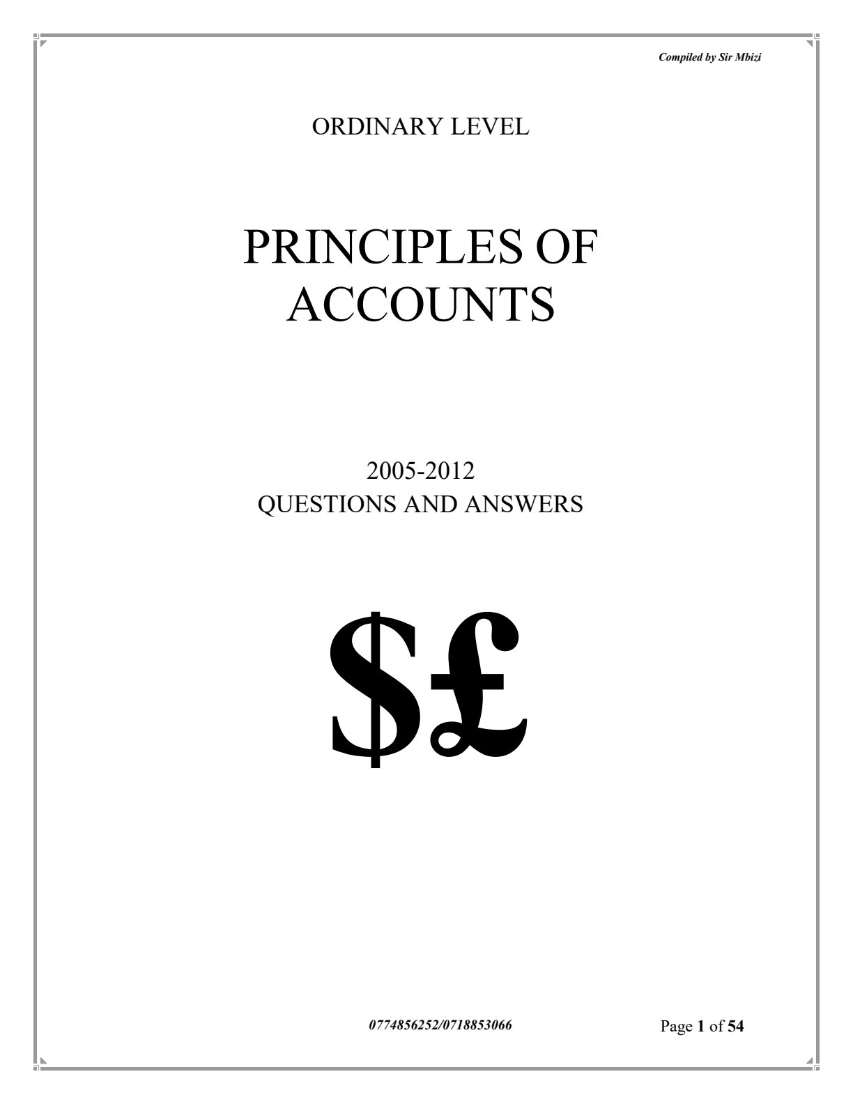 First page of ZIMSEC O-Level Principles of Accounts 2005-2012 Study Guide