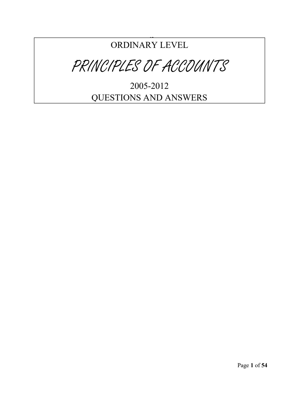First page of ZIMSEC O-Level Principles of Accounts 2005-2012 Study Guide