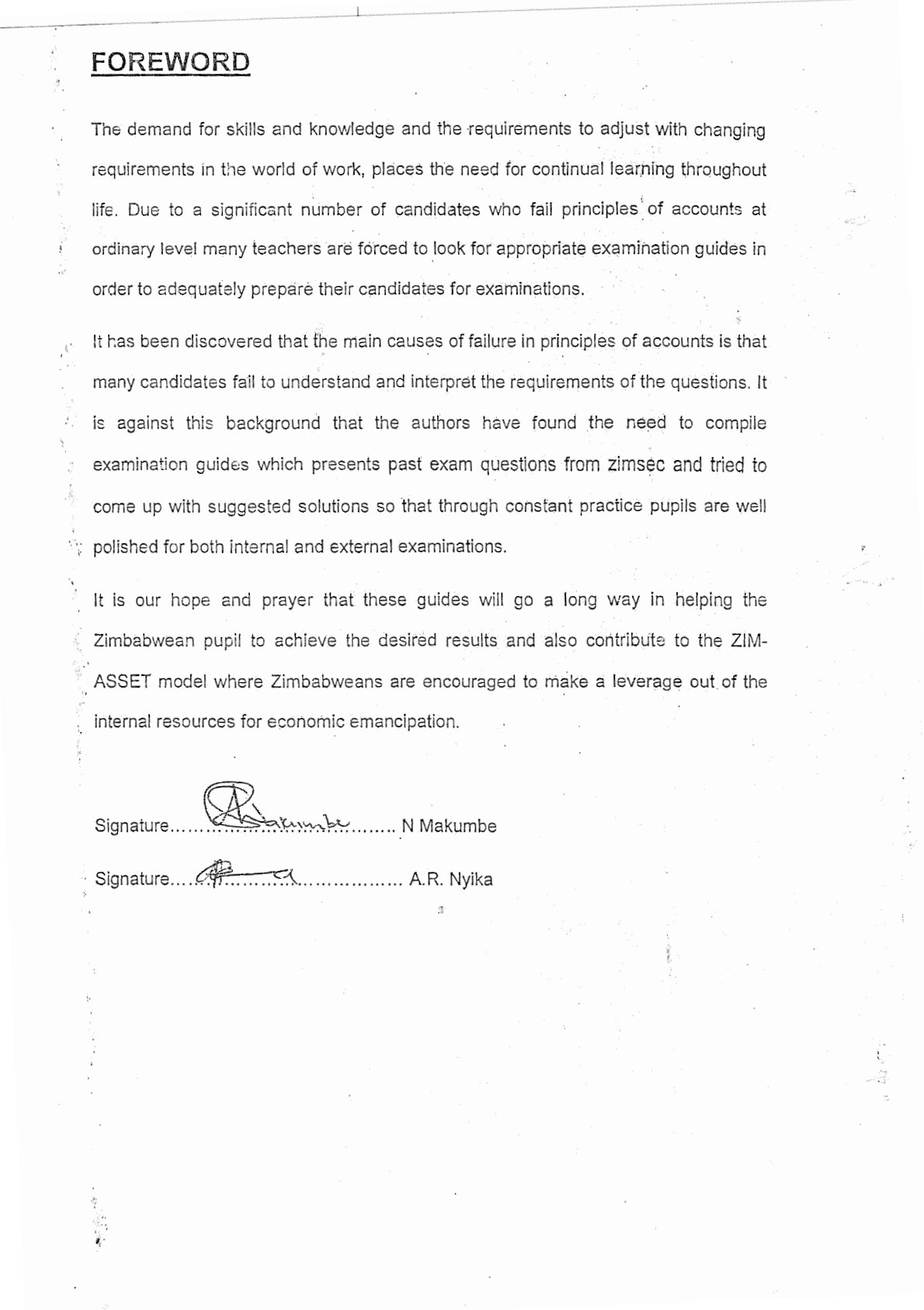First page of ZIMSEC O-Level Principles of Accounts Green Book 2012-2015 Study Guide