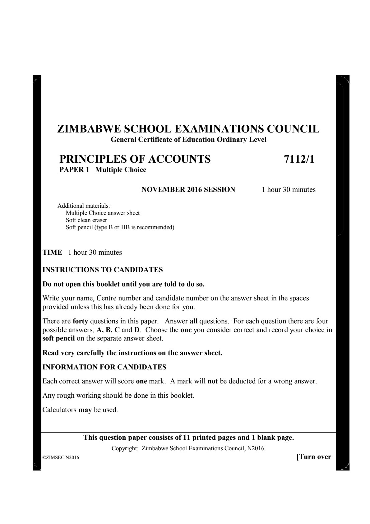 First page of ZIMSEC O-Level Principles of Accounts Green Book 2016-2017 Study Guide