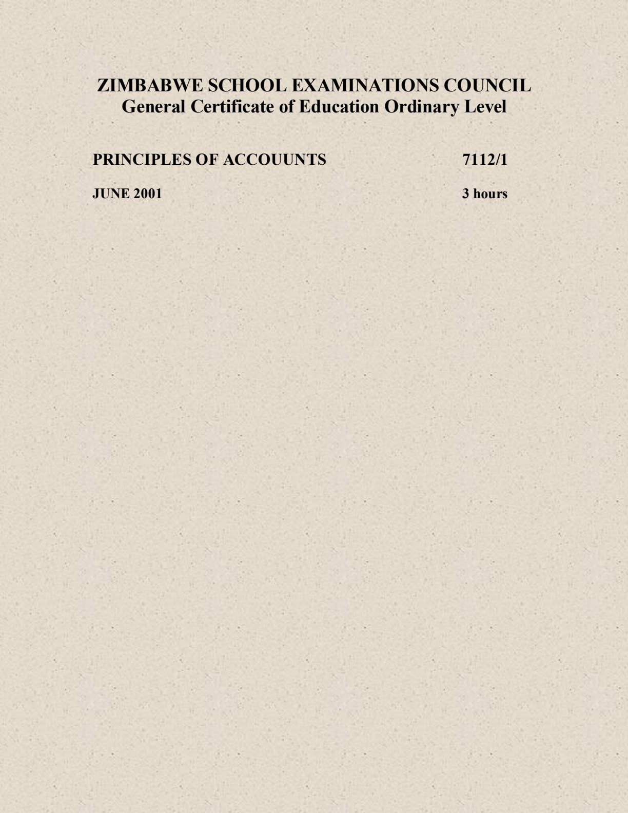 First page of ZIMSEC O-Level Principles of Accounts Paper 1 June 2001 Question Paper