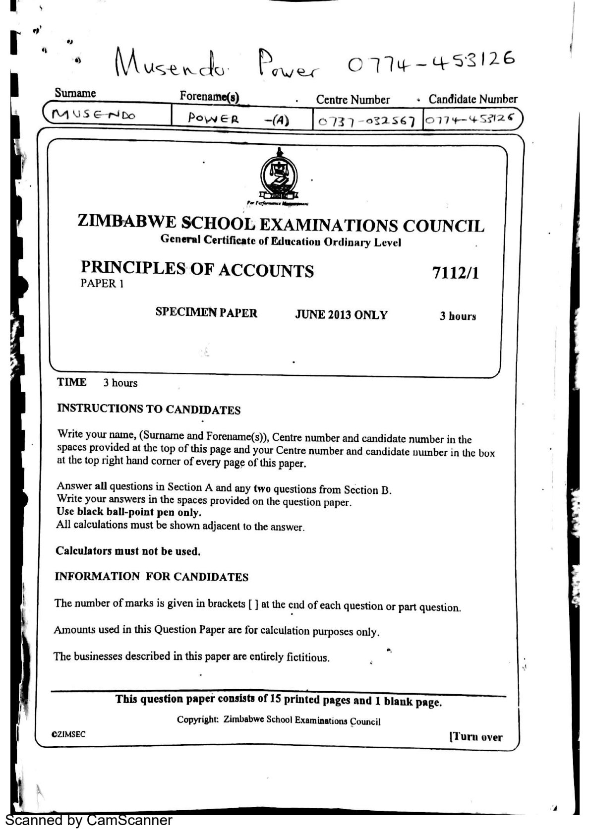First page of ZIMSEC O-Level Principles of Accounts Paper 1 June 2013 Question Paper