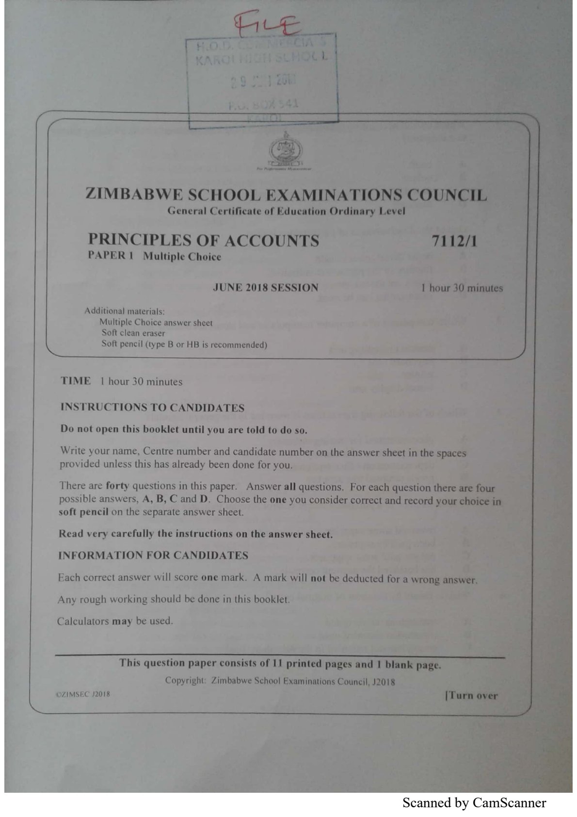First page of ZIMSEC O-Level Principles of Accounts Paper 1 June 2018 Question Paper