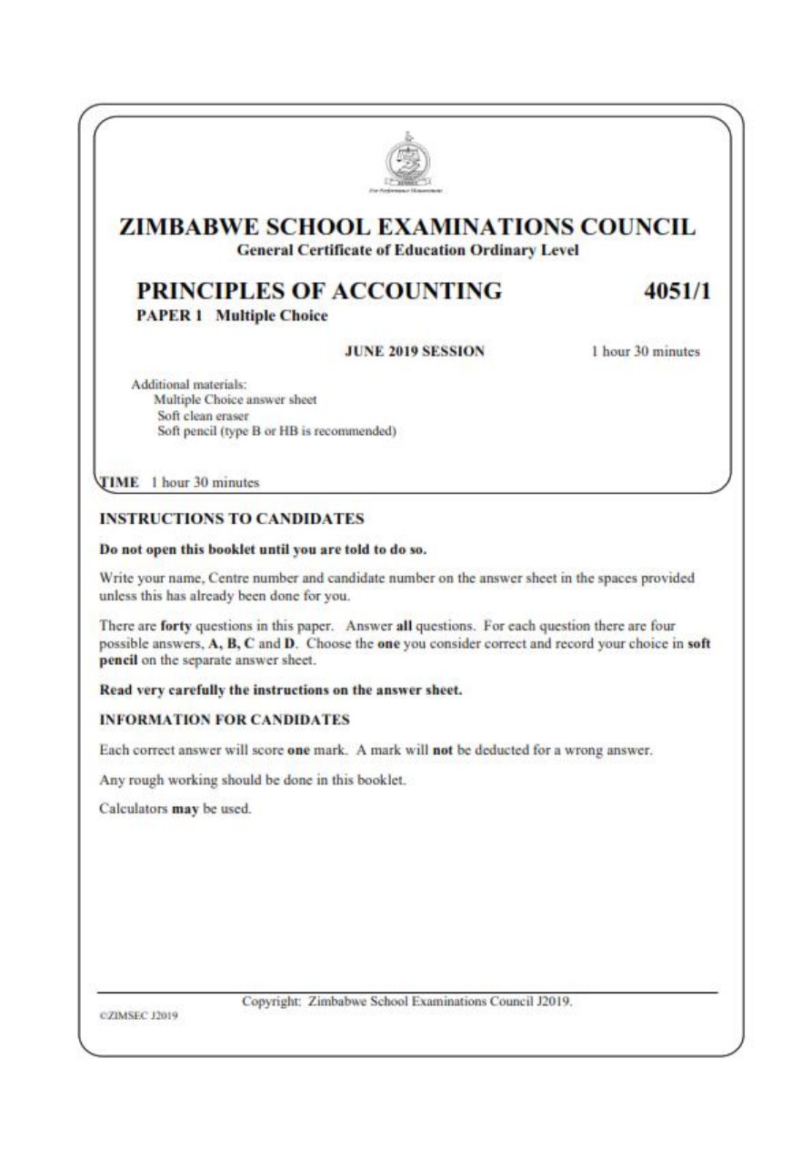 First page of ZIMSEC O-Level Principles of Accounts Paper 1 June 2019 Marking Scheme