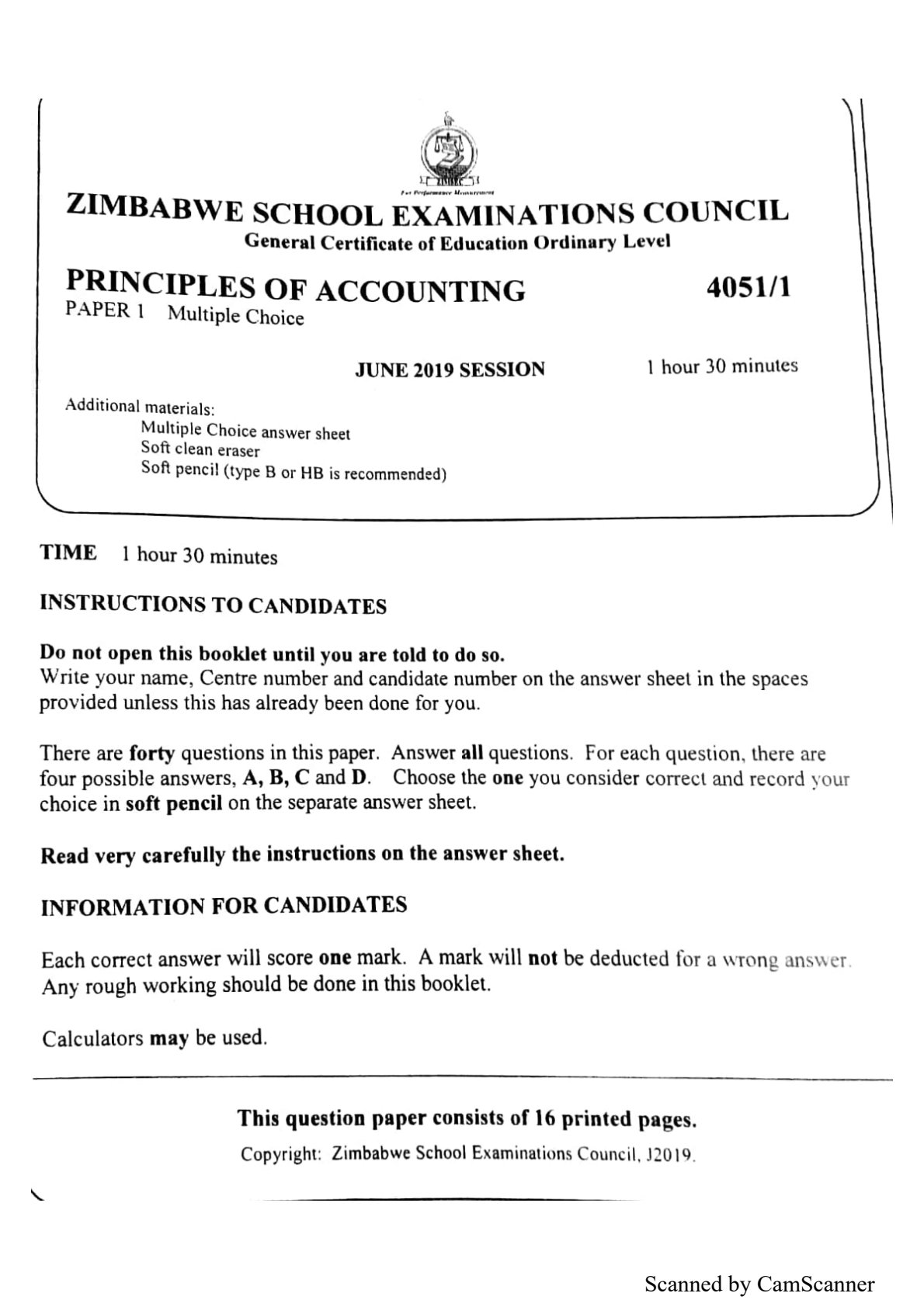First page of ZIMSEC O-Level Principles of Accounts Paper 1 June 2019 Question Paper
