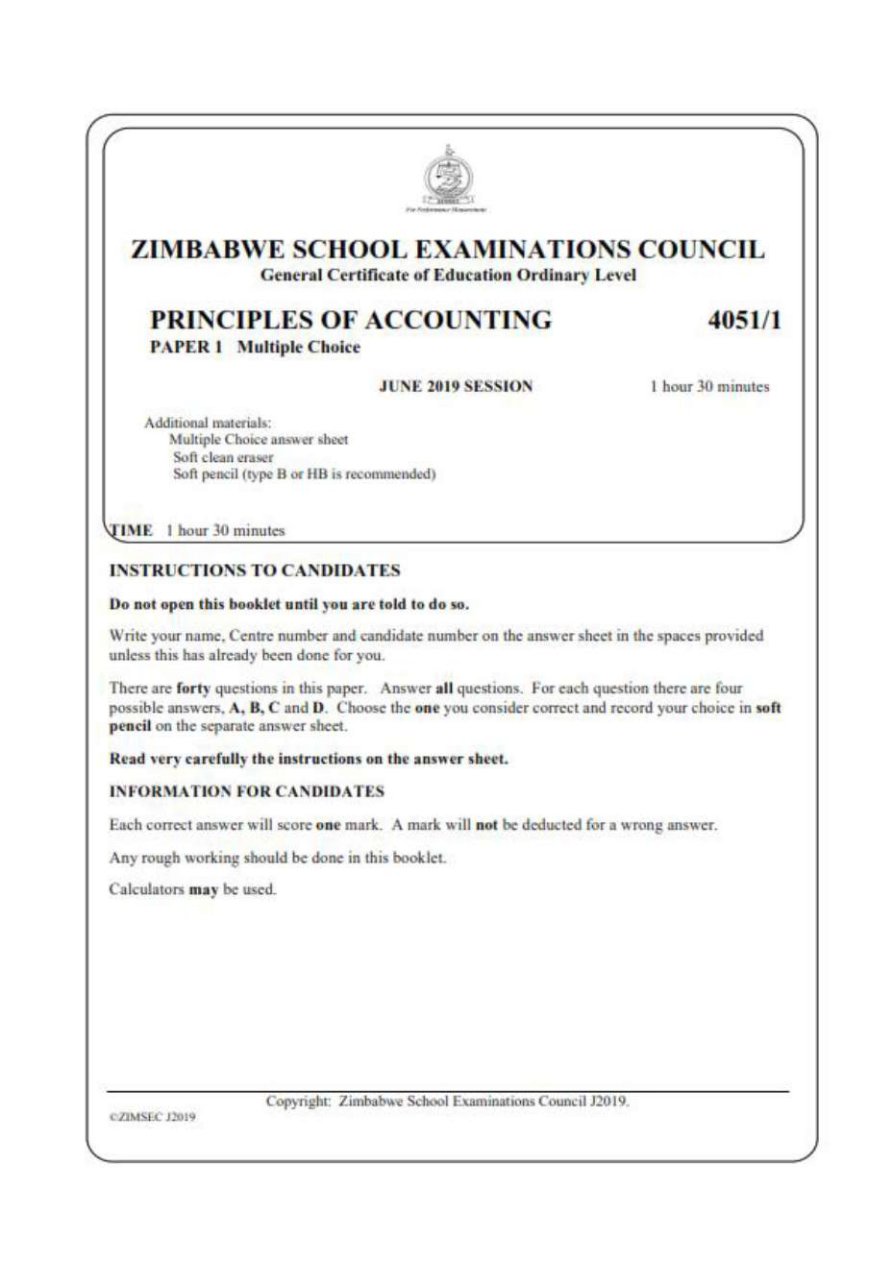 First page of ZIMSEC O-Level Principles of Accounts Paper 1 June 2019 Question Paper
