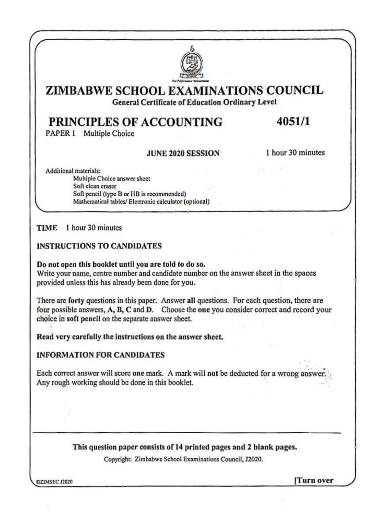 First page of ZIMSEC O-Level Principles of Accounts Paper 1 June 2020 Question Paper