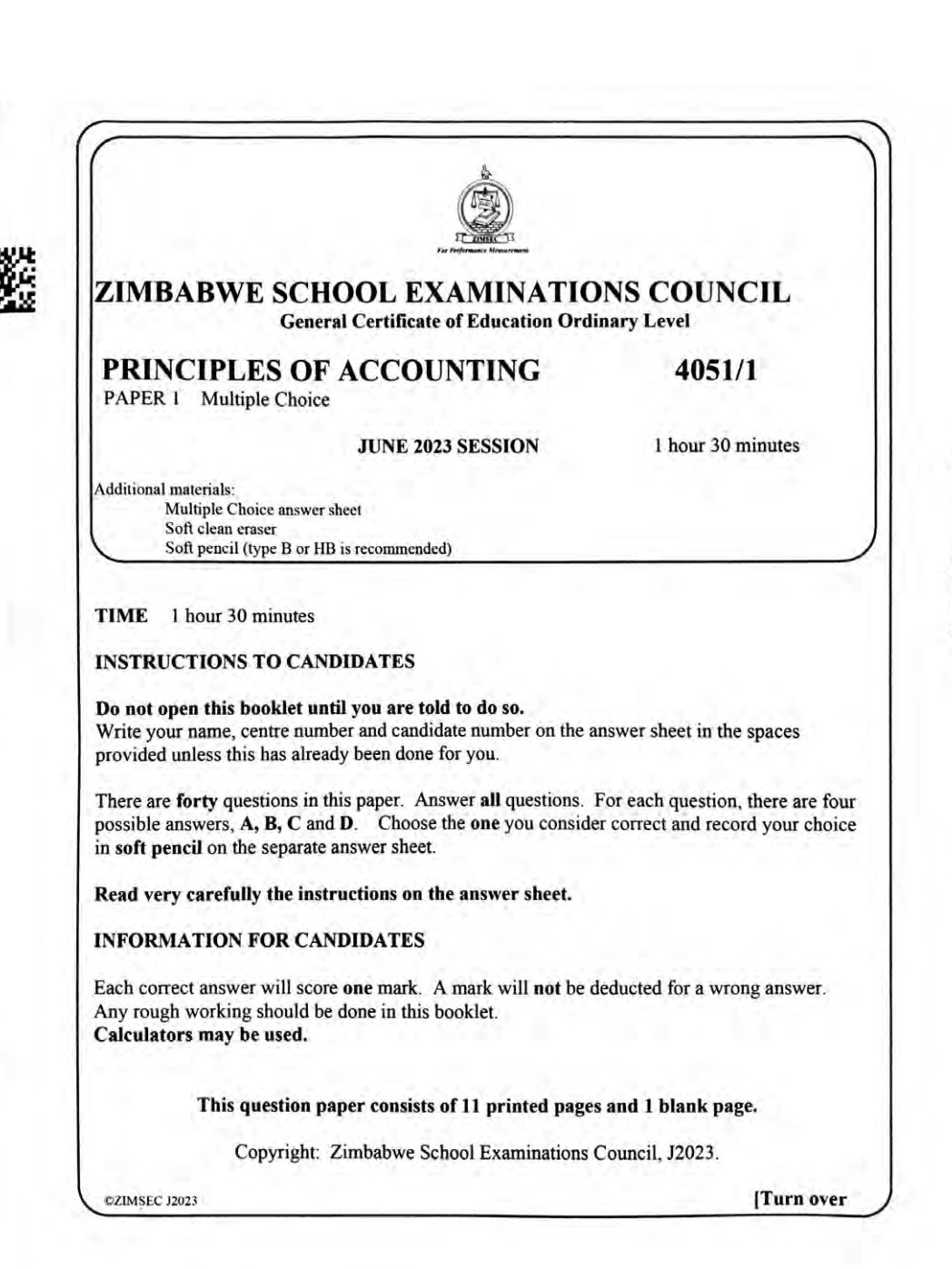 First page of ZIMSEC O-Level Principles of Accounts Paper 1 June 2023 Question Paper