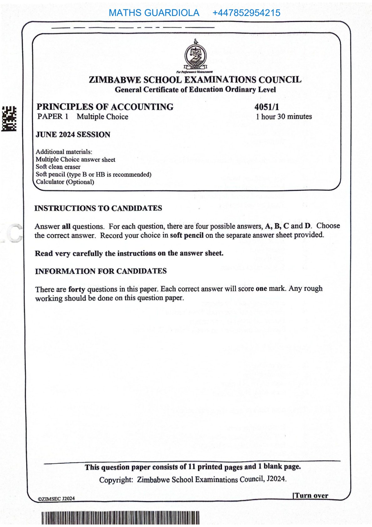 First page of ZIMSEC O-Level Principles of Accounts Paper 1 June 2024 Question Paper