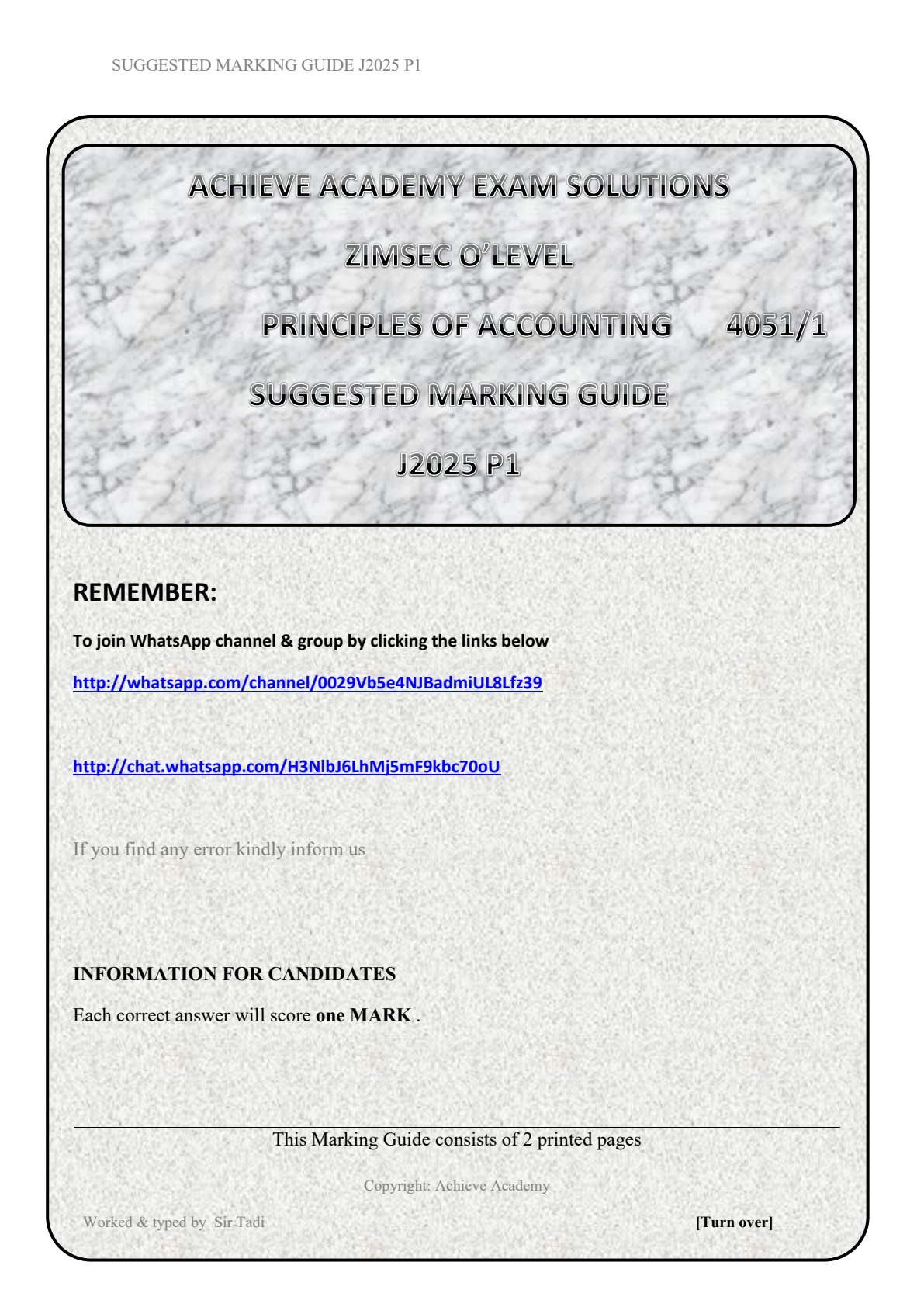 First page of ZIMSEC O-Level Principles of Accounts Paper 1 June 2025 Marking Scheme