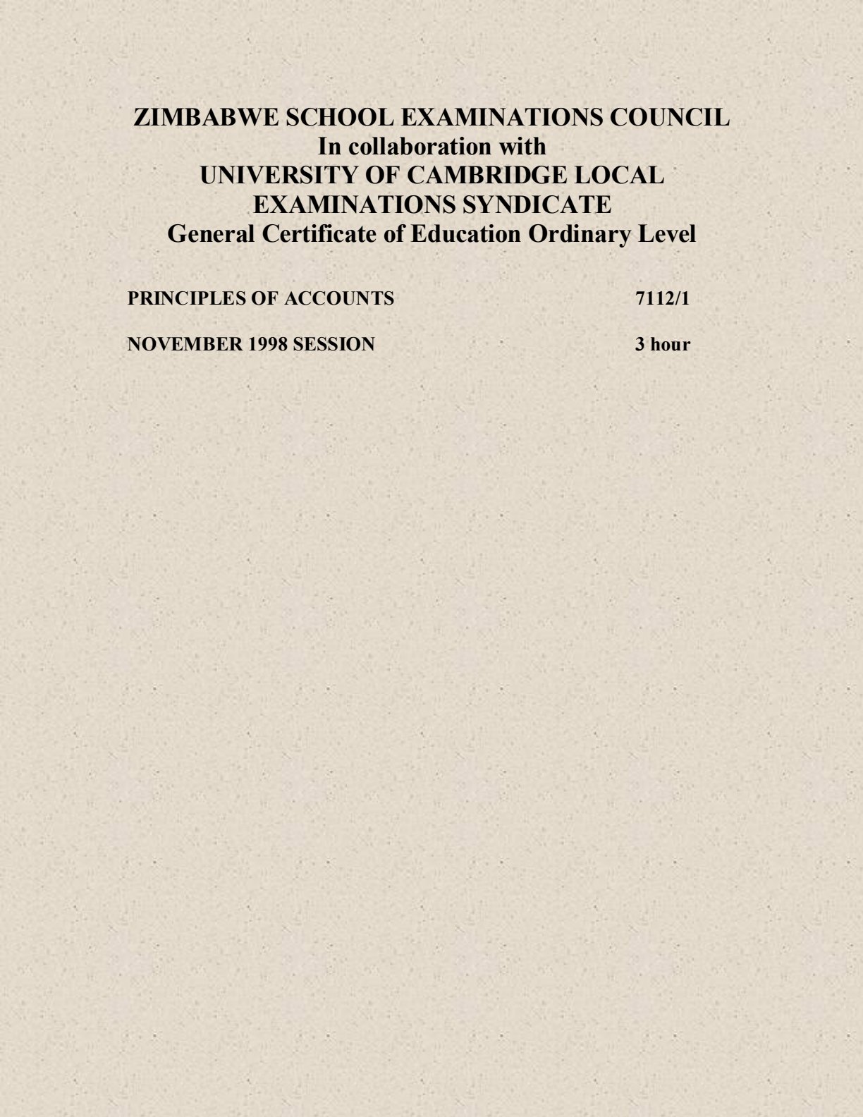 First page of ZIMSEC O-Level Principles of Accounts Paper 1 November 1998 Question Paper