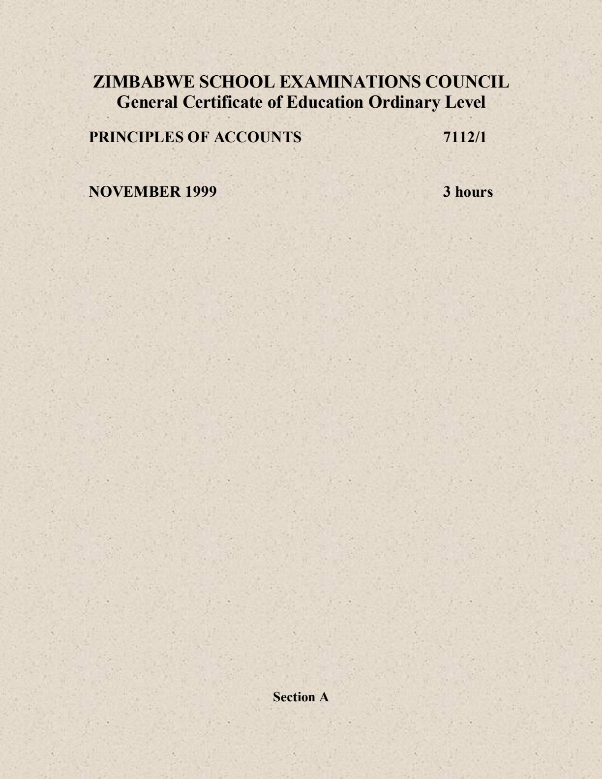 First page of ZIMSEC O-Level Principles of Accounts Paper 1 November 1999 Question Paper