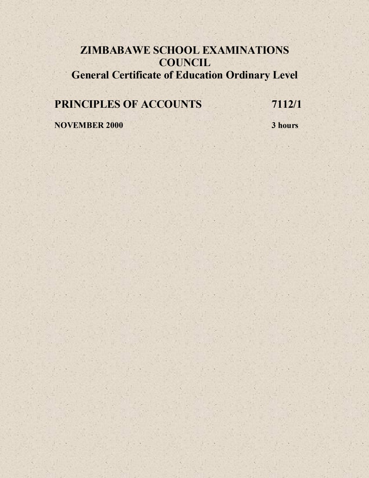 First page of ZIMSEC O-Level Principles of Accounts Paper 1 November 2000 Question Paper