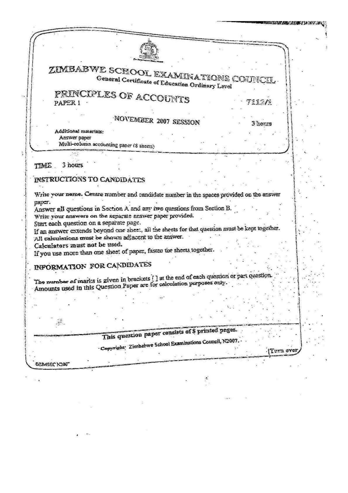 First page of ZIMSEC O-Level Principles of Accounts Paper 1 November 2007 Question Paper