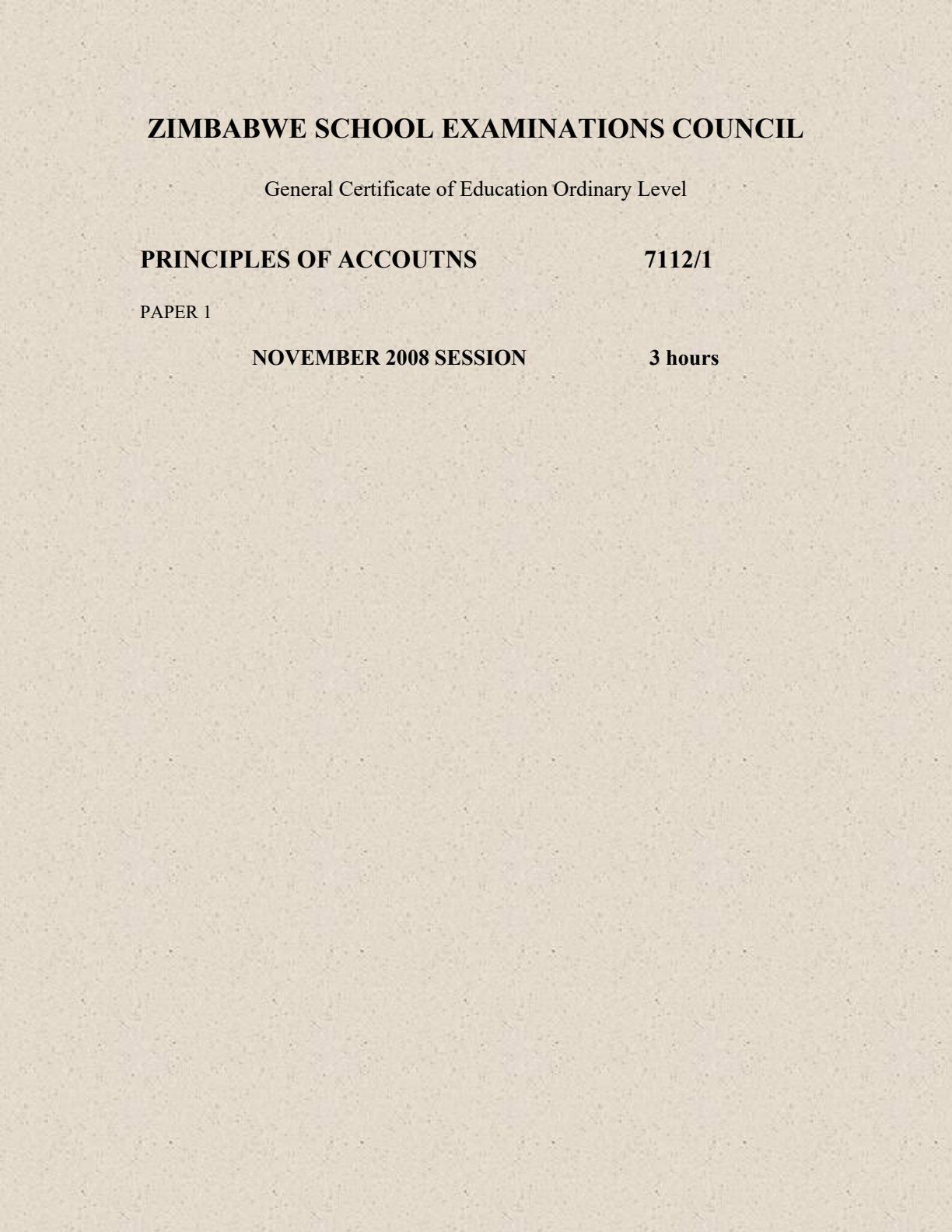 First page of ZIMSEC O-Level Principles of Accounts Paper 1 November 2008 Question Paper
