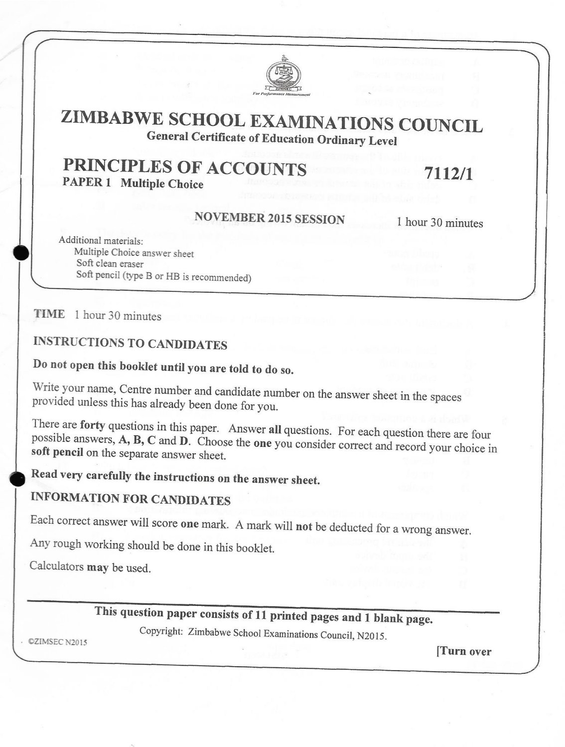 First page of ZIMSEC O-Level Principles of Accounts Paper 1 November 2015 Question Paper