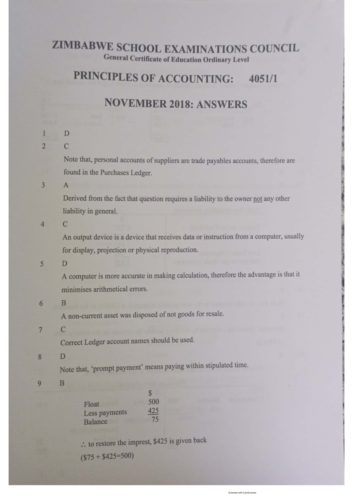 First page of ZIMSEC O-Level Principles of Accounts Paper 1 November 2018 Marking Scheme