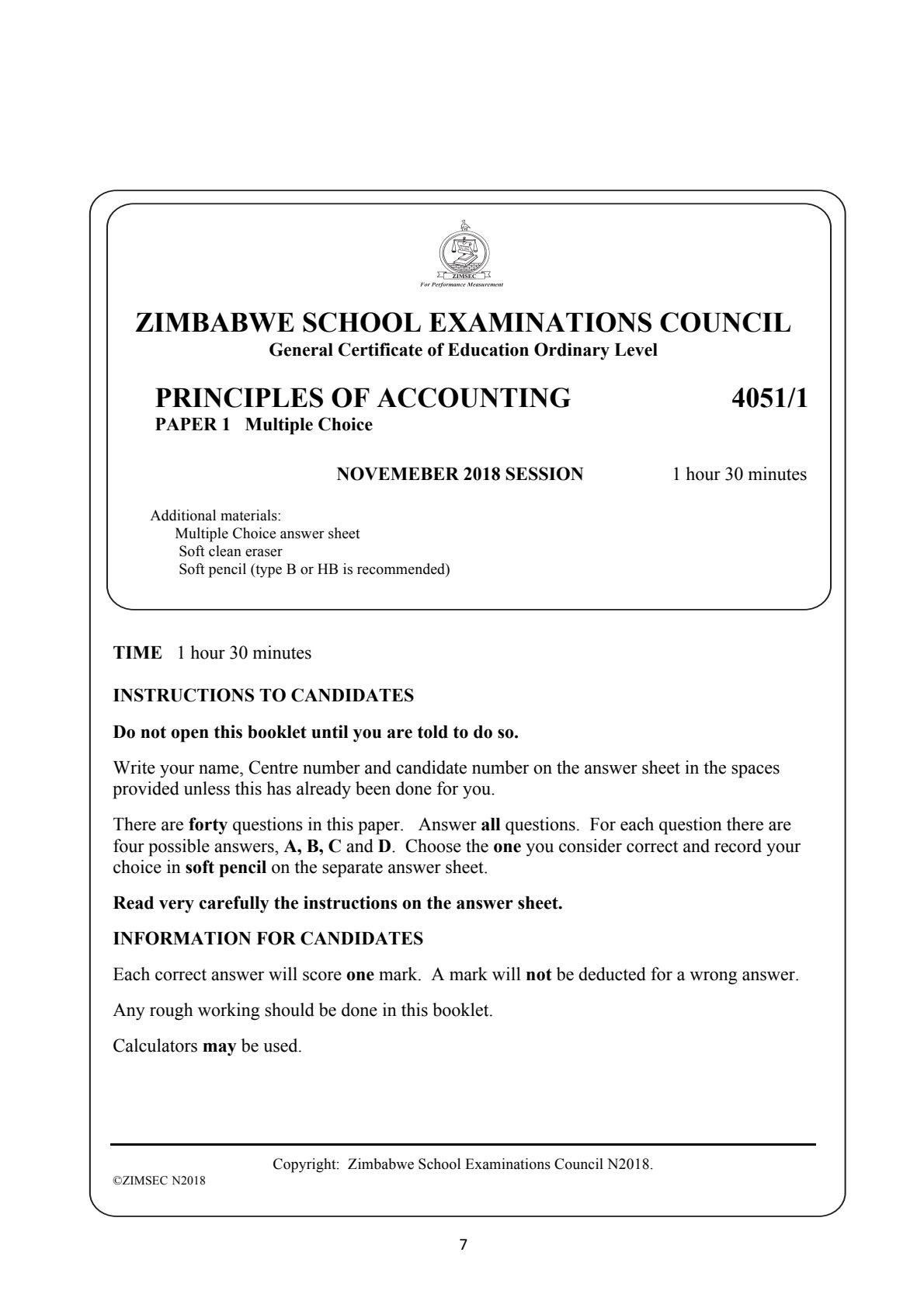 First page of ZIMSEC O-Level Principles of Accounts Paper 1 November 2018 Question Paper