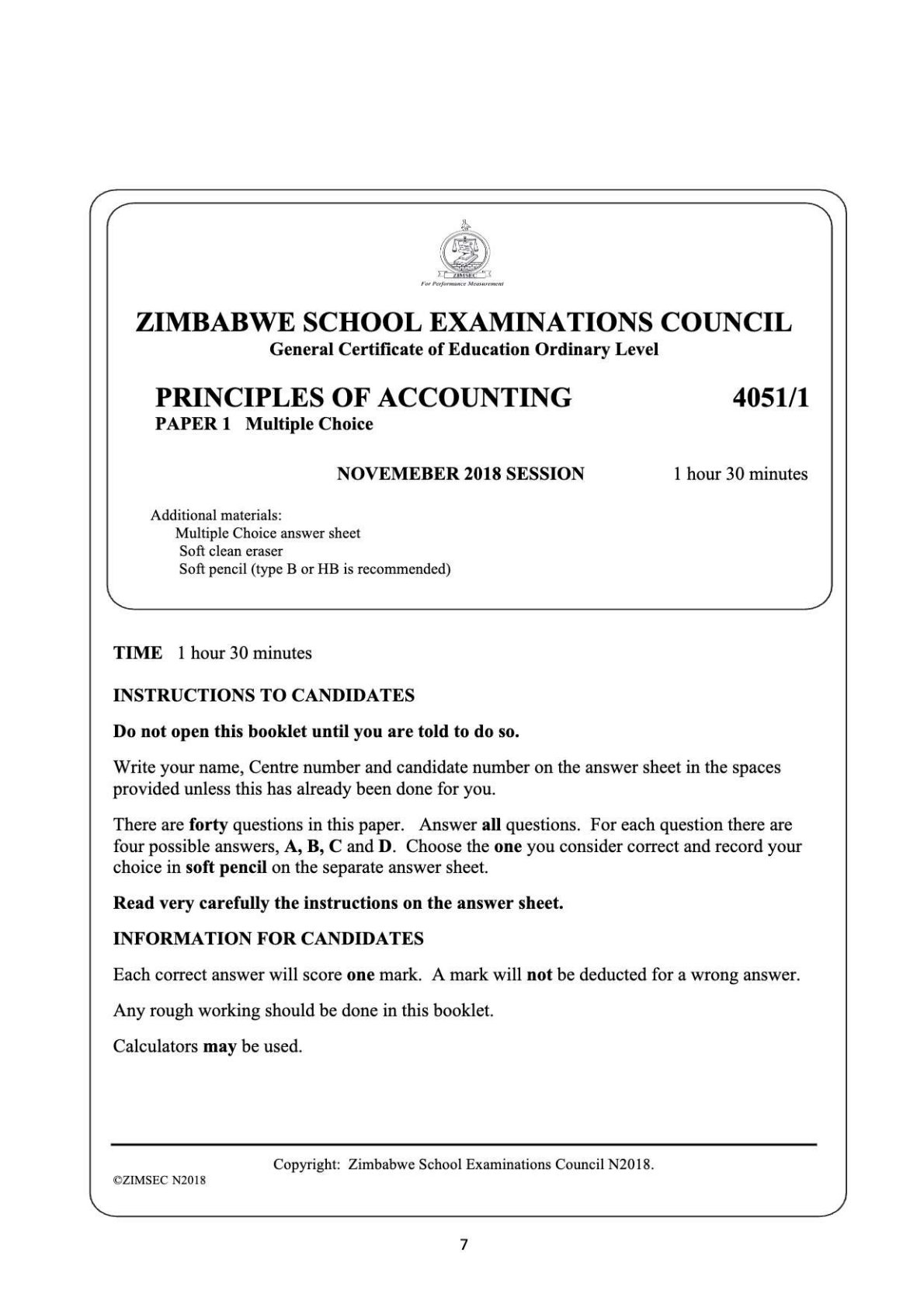 First page of ZIMSEC O-Level Principles of Accounts Paper 1 November 2018 Question Paper